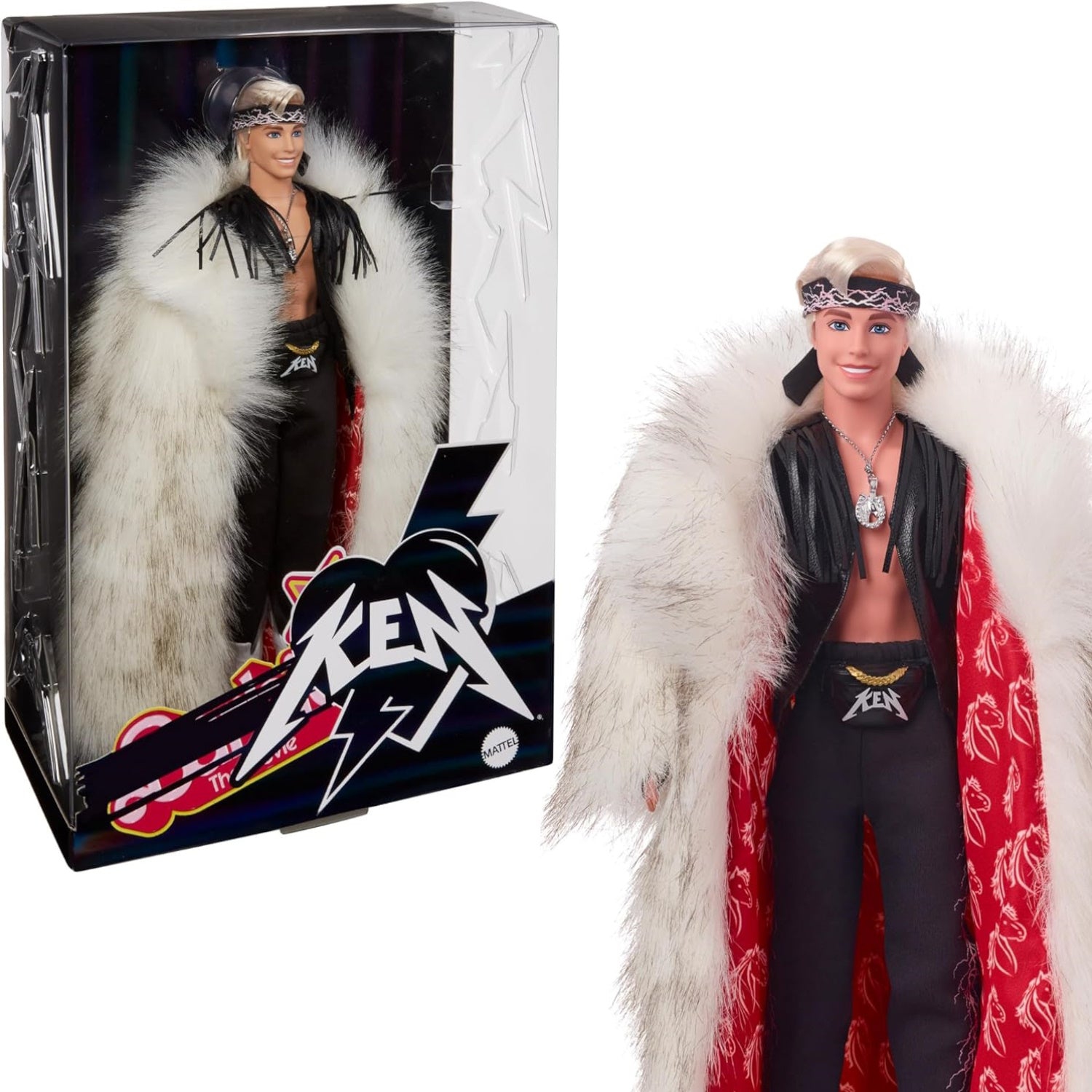 Barbie The Movie: Ken Doll Wearing Big Faux Fur Coat & Black Fringe Vest with Bandana