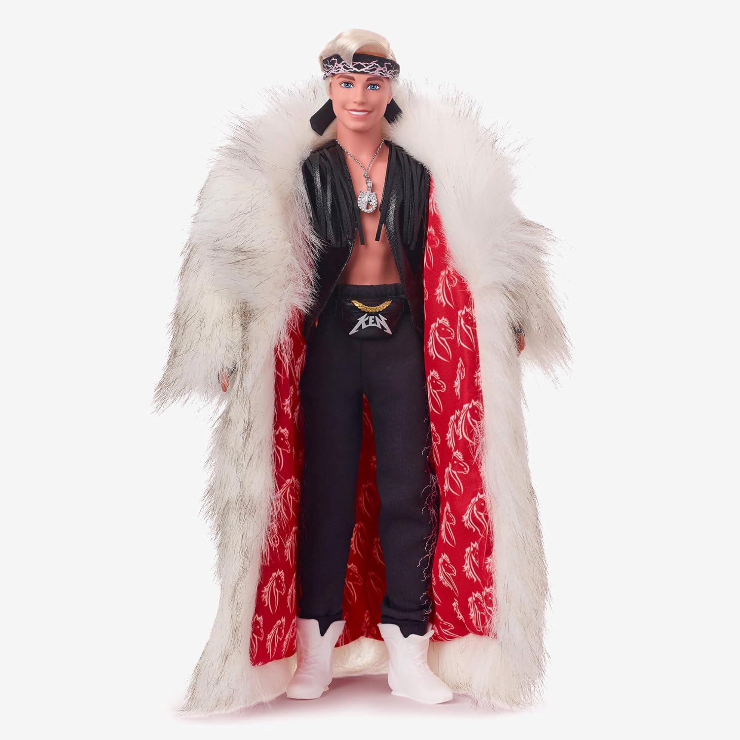 Barbie The Movie: Ken Doll Wearing Big Faux Fur Coat & Black Fringe Vest with Bandana