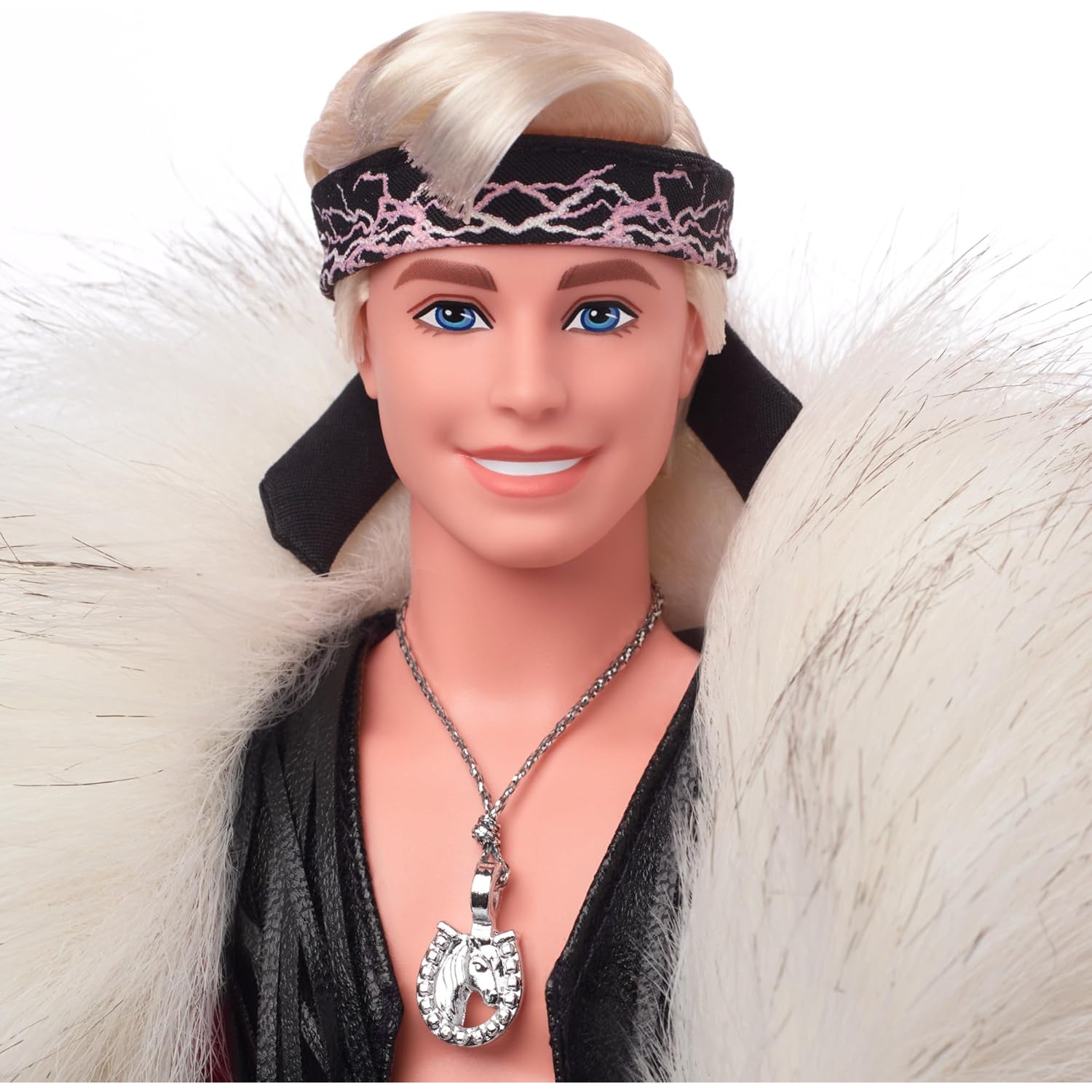 Barbie The Movie: Ken Doll Wearing Big Faux Fur Coat & Black Fringe Vest with Bandana