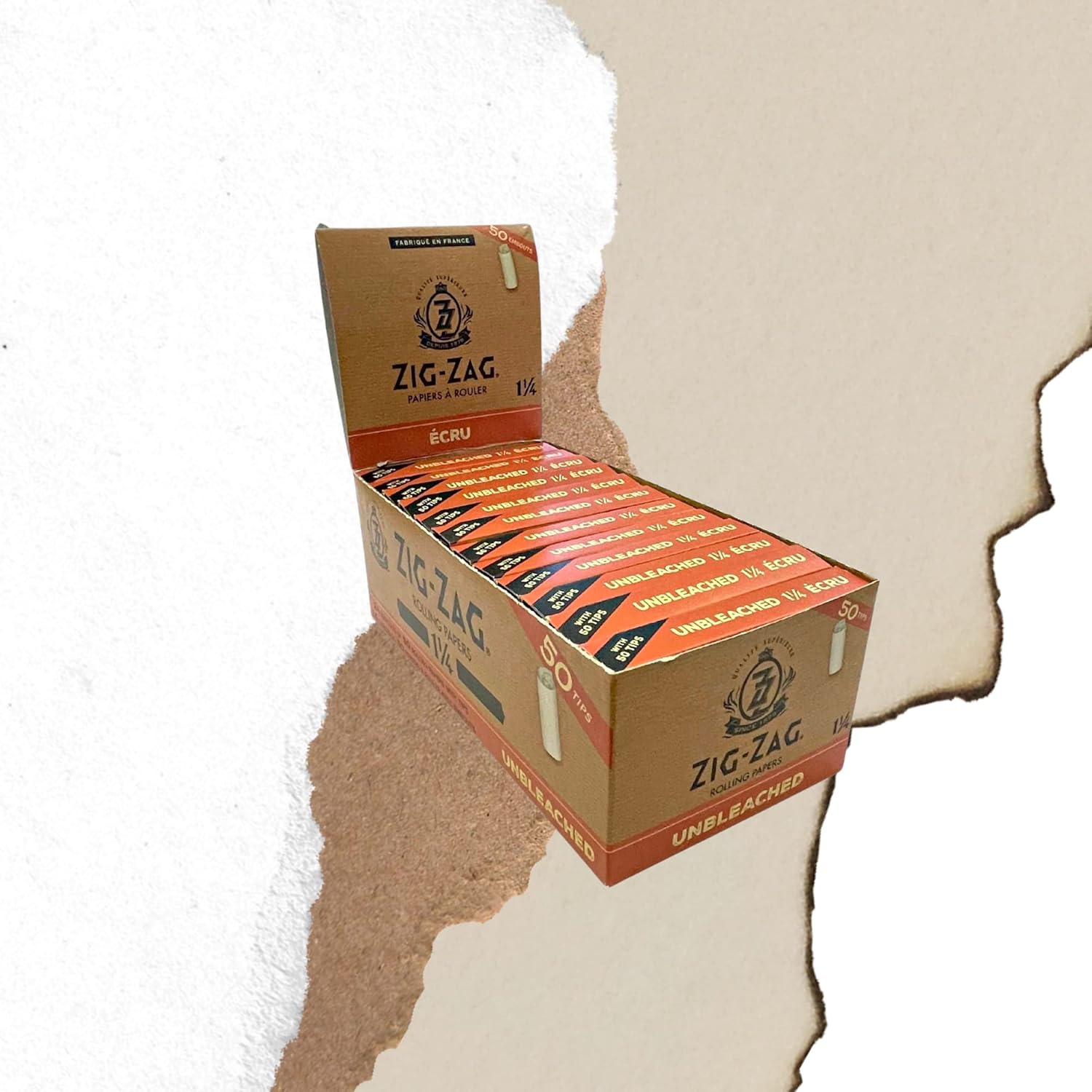 Zig-Zag - Unbleached Paper and Unbleached Tips COMBO, 50 Papers and Tips in each pack, Carton 24 units, Size 1 1/4, 100% Natural Gum Arabic, No Bleach