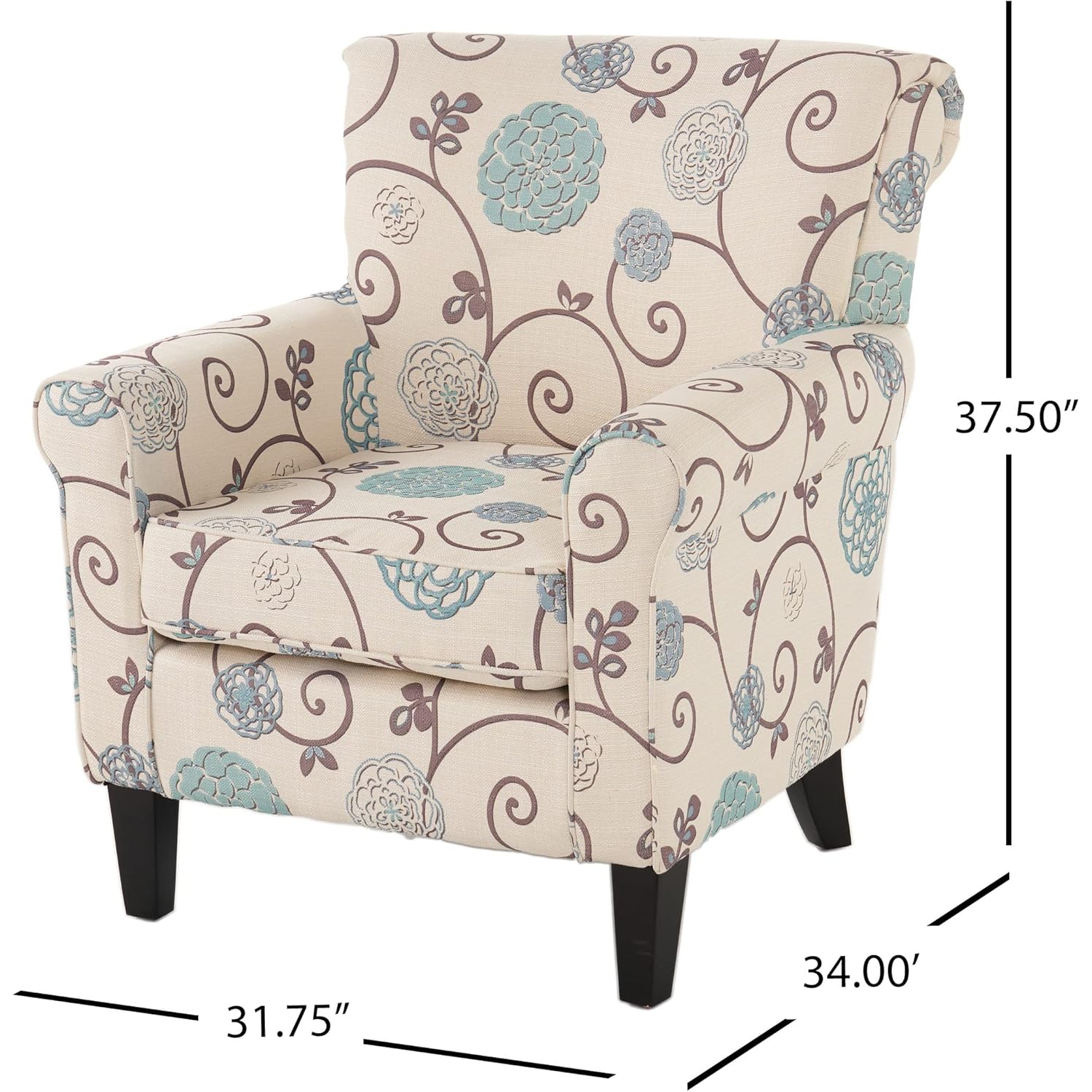 Fauteuil club floral en tissu, fleurs bleues