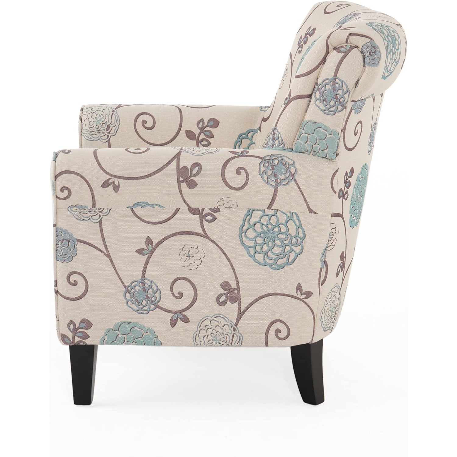 Fauteuil club floral en tissu, fleurs bleues