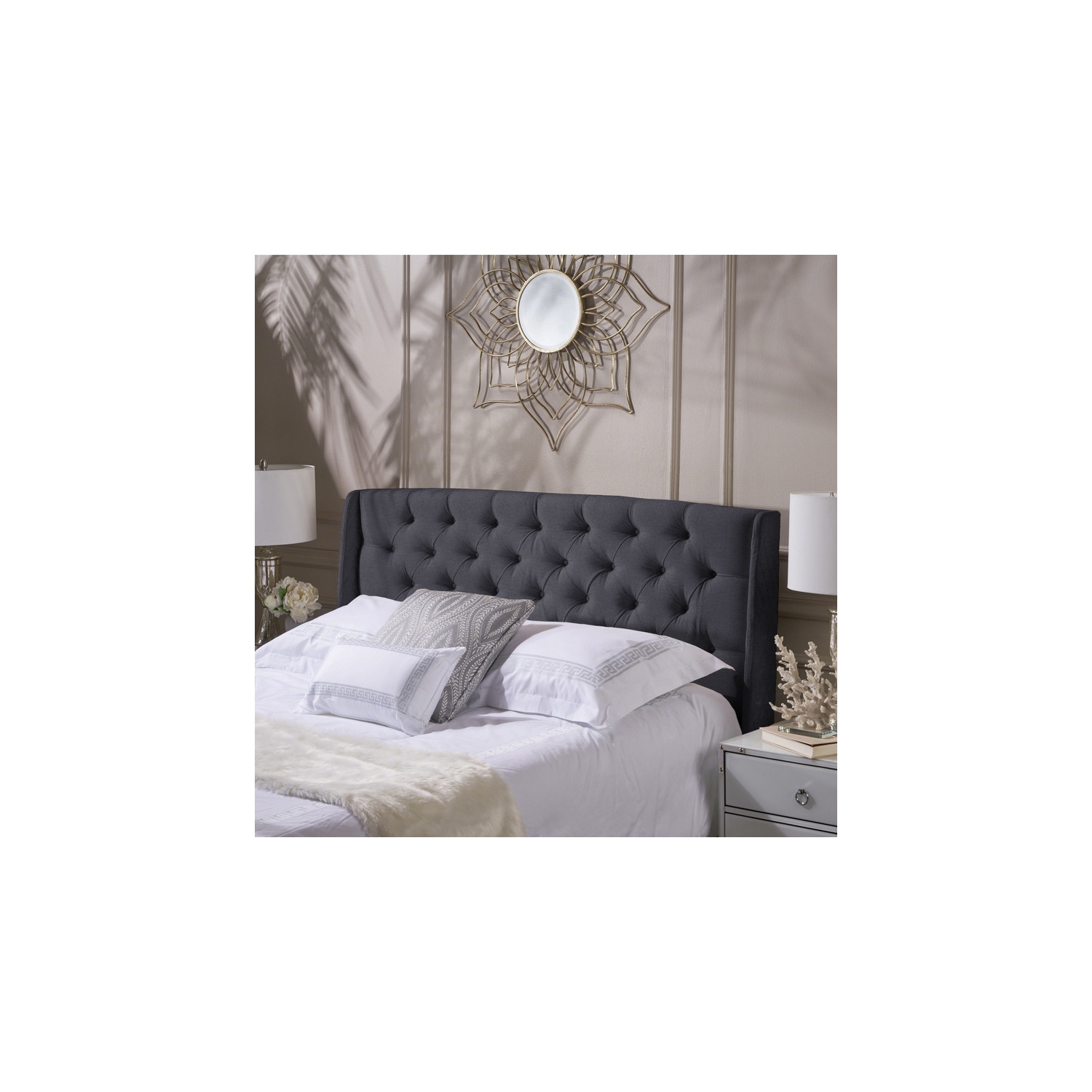 Upholstered Wingback Headboard, Button Tufted Upholstery, Sturdy Structure, King Size, Black