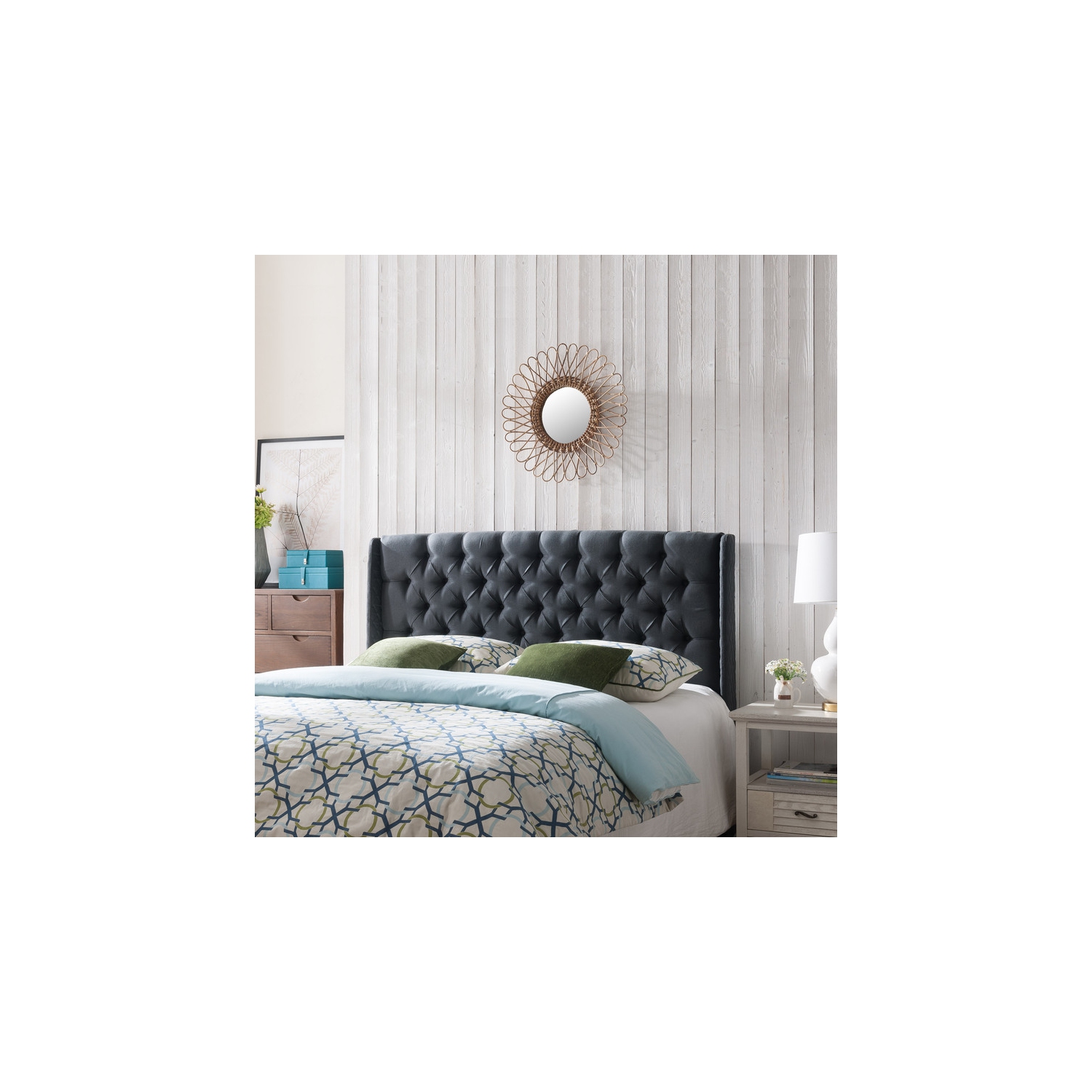 Upholstered Wingback Headboard, Button Tufted Upholstery, Sturdy Structure, King Size, Black