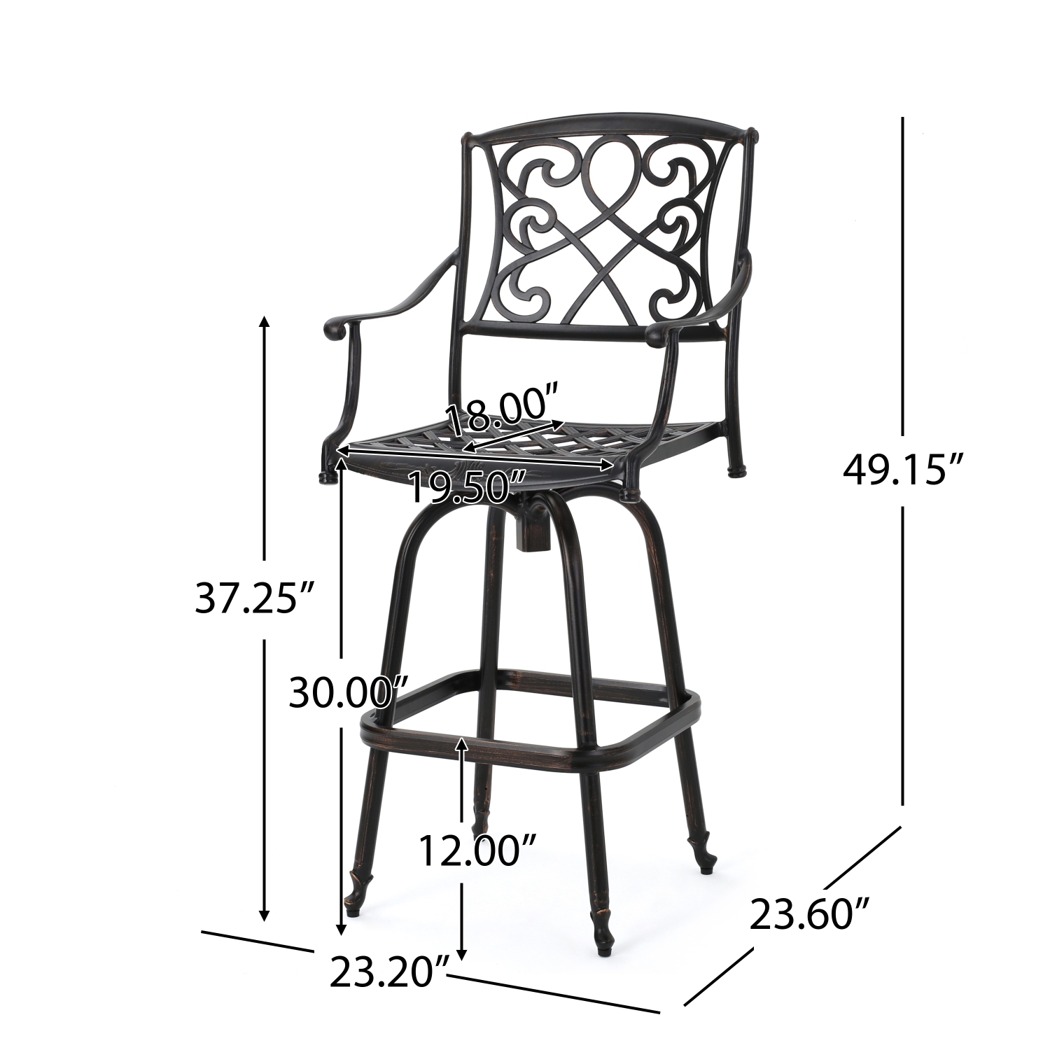 Cadre robuste en aluminium moulé et coussin en tissu Tabouret de bar pivotant à hauteur de comptoir résistant aux intempéries Meubles de jardin Fini