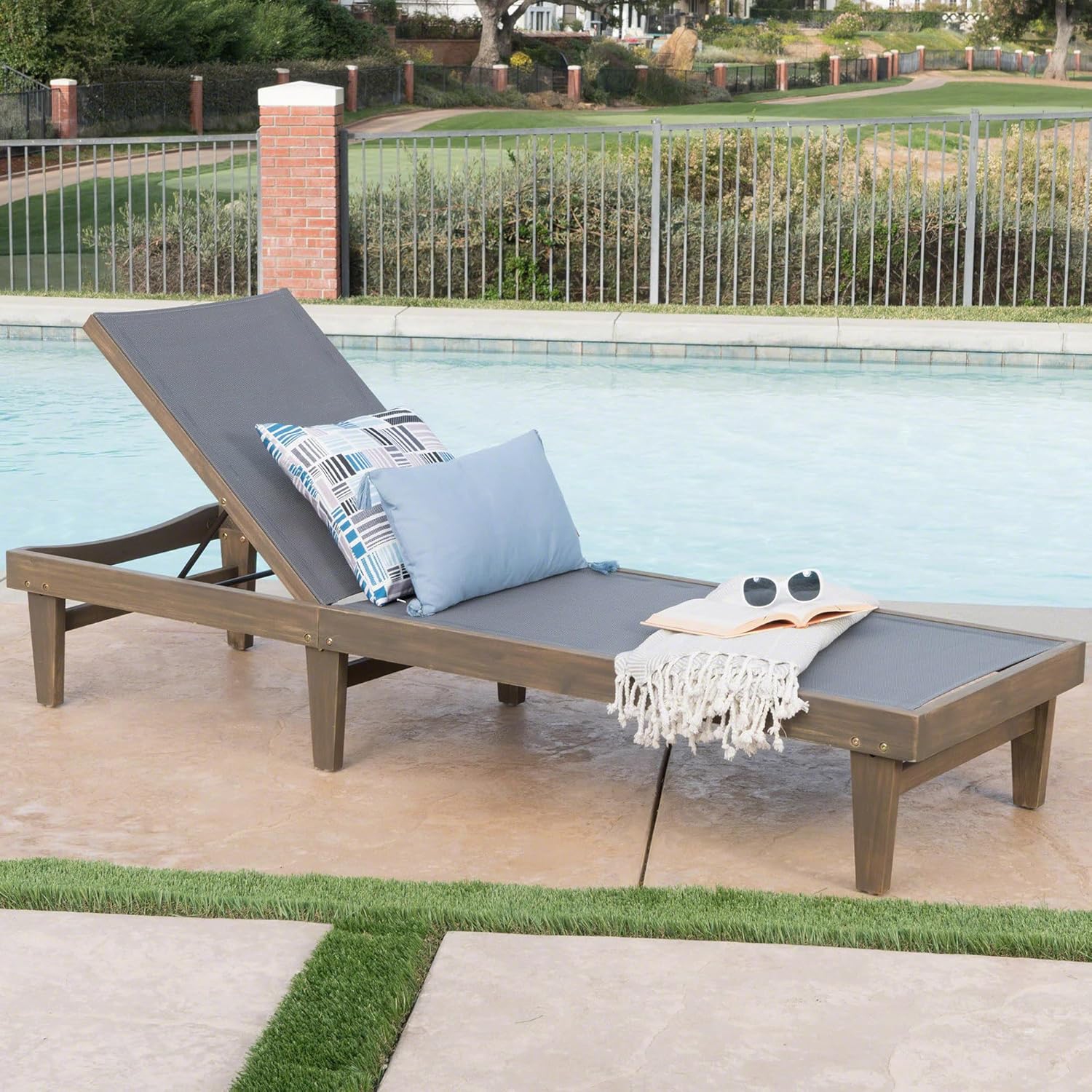 Chaise longue avec cadre en bois d'acacia, coussin gris foncé