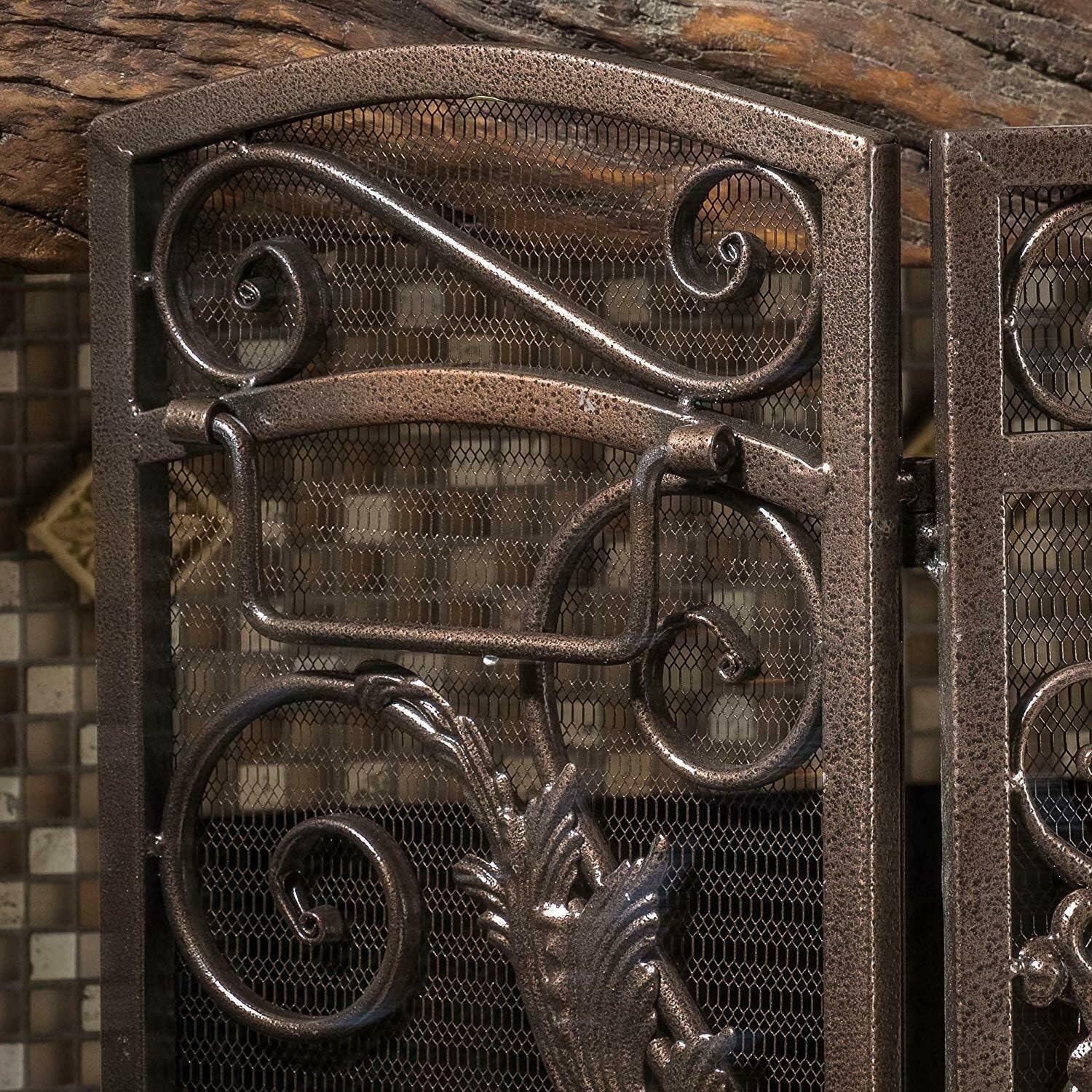 Écrans de foyer au fini noir doré Écran de foyer 3 panneaux pliant en arche en fer forgé avec volutes Foyer Écran plat Décoratif