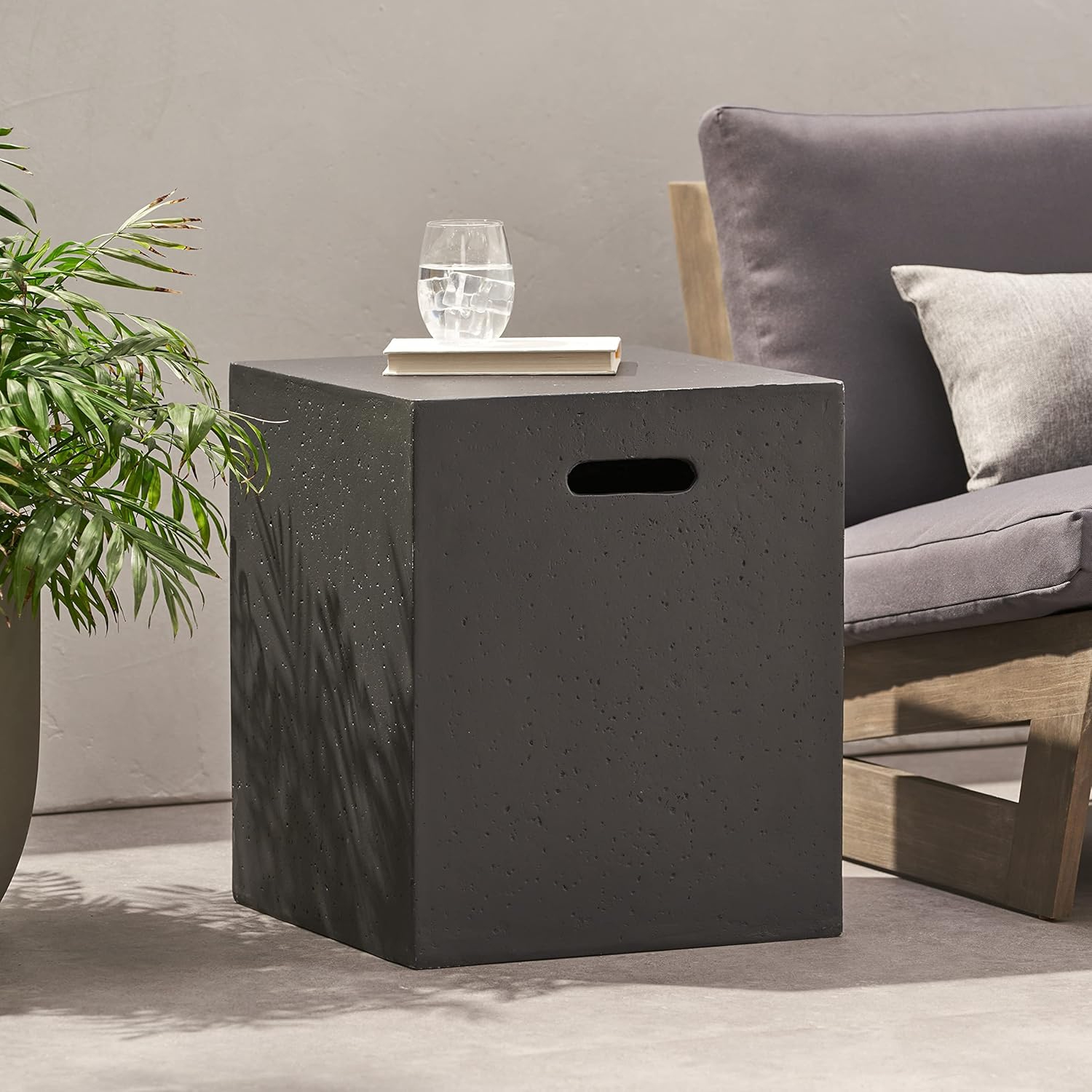 Propane Tank Cover Table for Fire Pits, 20 LB Concrete Propane Tank Holder with Side Handles, Outdoor Tank Storage Side Table for Patio, Gas Griddle,