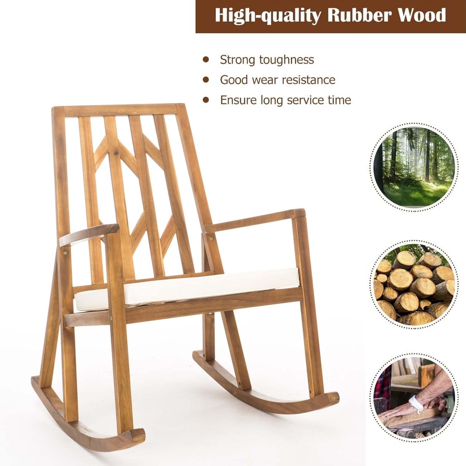 Chaise berçante en acacia, chaise berçante en bois avec coussin, chaise berçante pour porche, jardin, terrasse, balcon, piscine, à l'intérieur