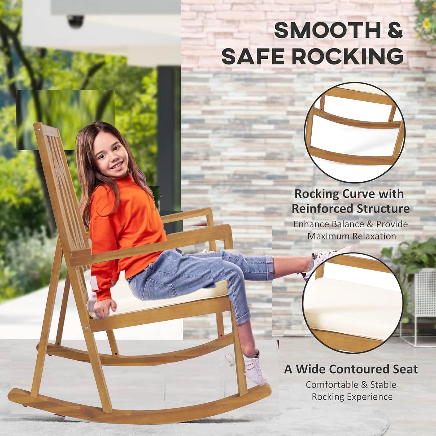 Chaise berçante en acacia, chaise berçante en bois avec coussin, chaise berçante pour porche, jardin, terrasse, balcon, piscine, à l'intérieur