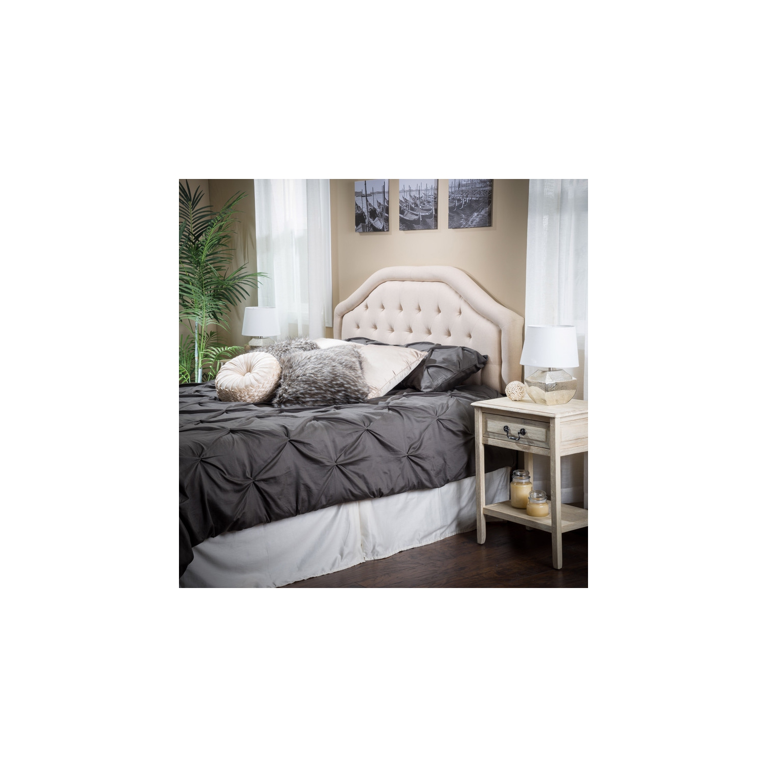 Tête de lit rembourrée pour lit double/grand lit, capitonnage en losange, structure arquée, assemblage facile, beige