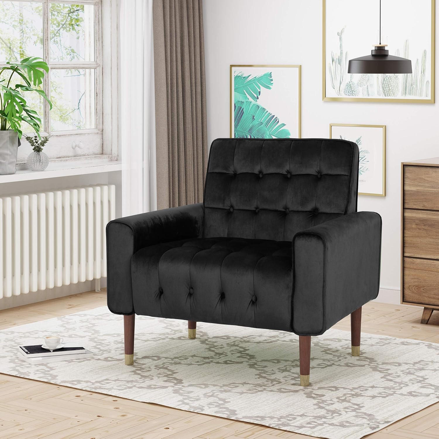Fauteuil en velours, glam moderne, capitonné, coutures gaufrées, noir