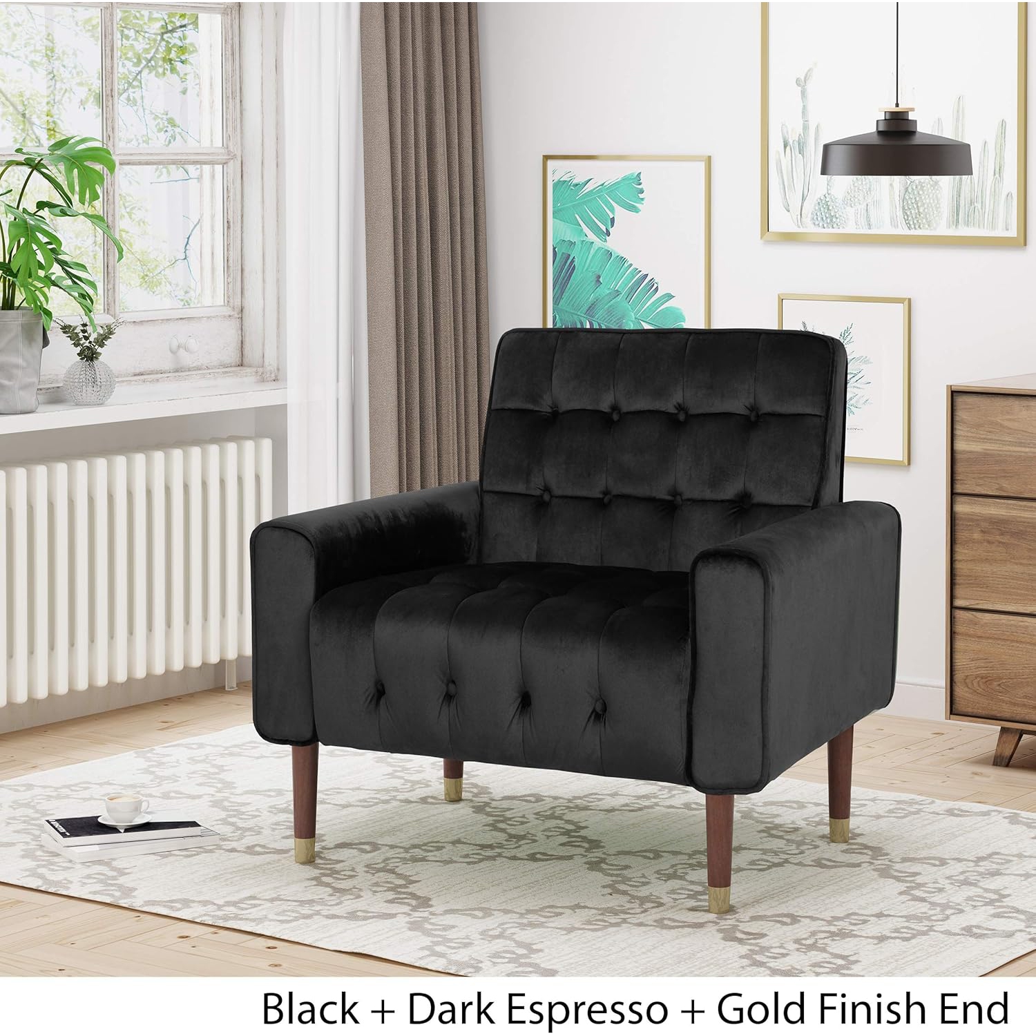 Fauteuil en velours, glam moderne, capitonné, coutures gaufrées, noir