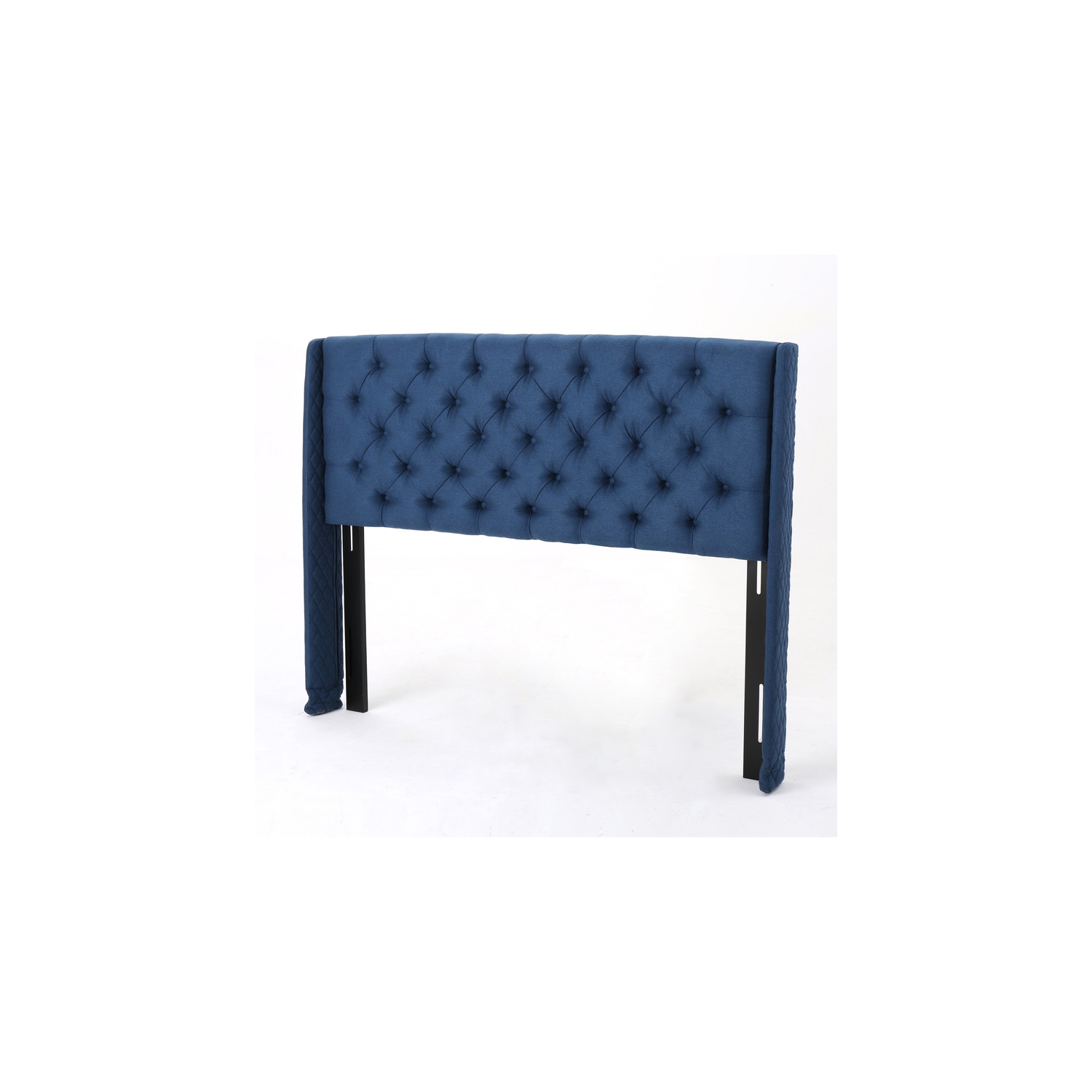 Tête de lit rembourrée à oreilles, revêtement capitonné, structure robuste, très grand lit, bleu marine foncé