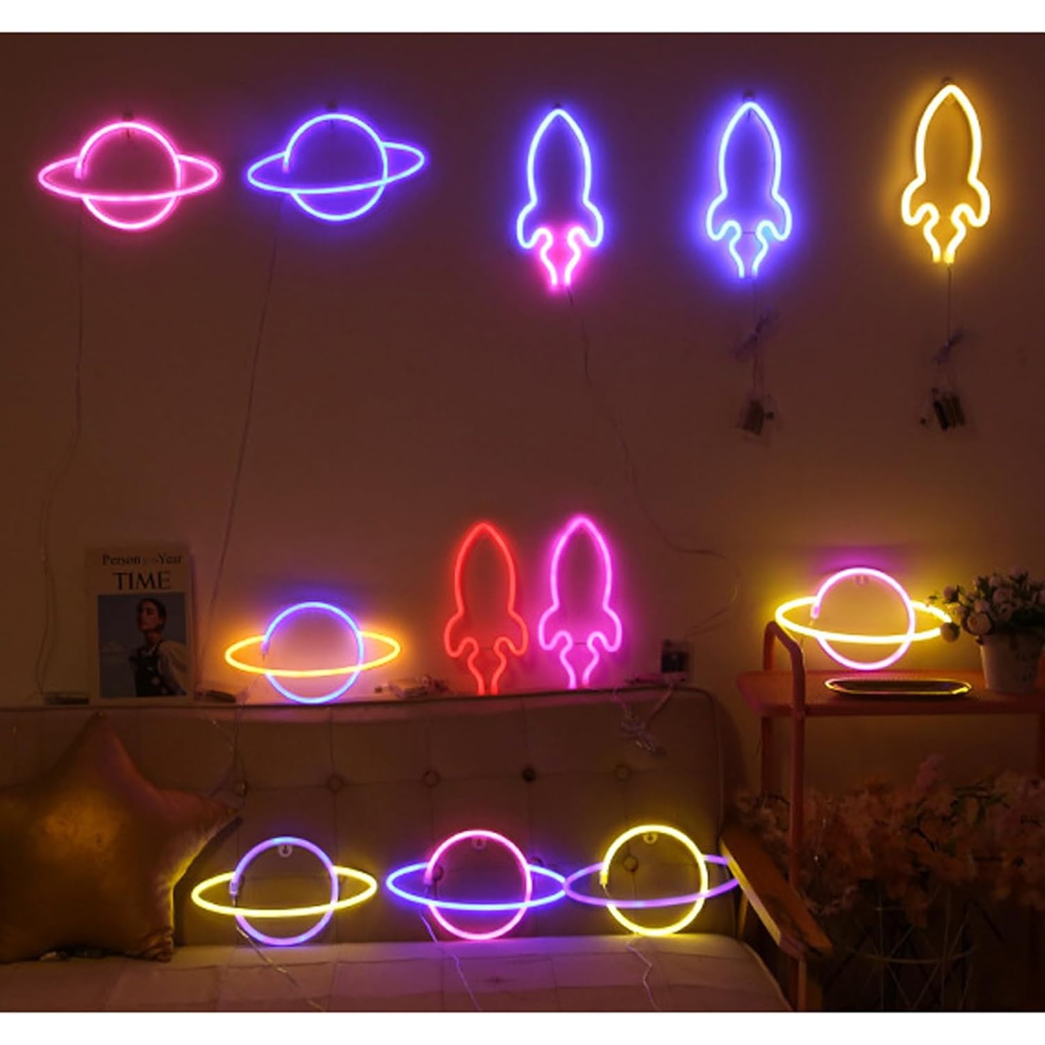 Affiche néon de planète, décoration murale de veilleuse pour chambre d'enfant Décorations de fête de mariage de Noël, USB/piles