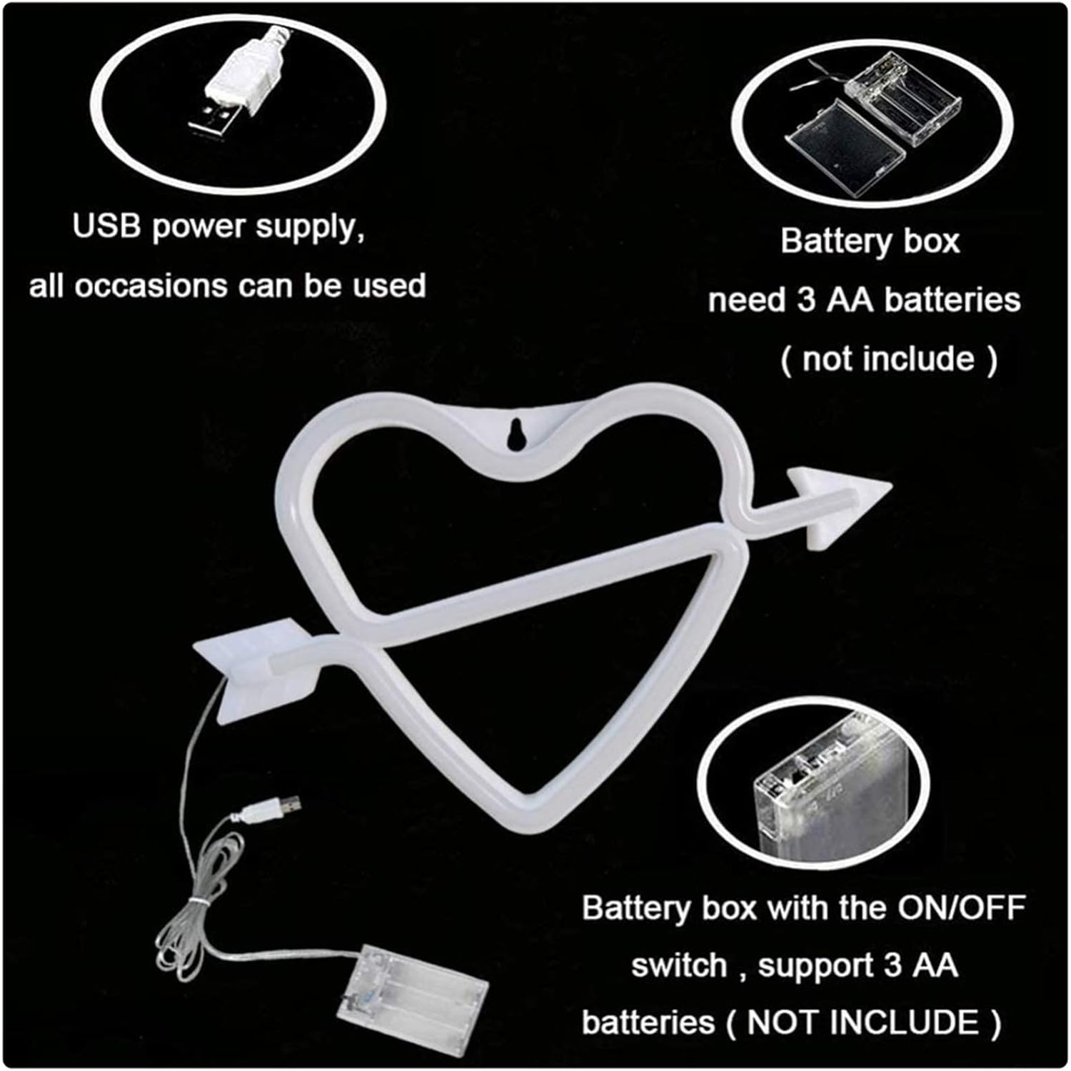 Affiche néon en forme de coeur Lumières de nuit à piles ou lampe murale au néon à commande USB pour Noël Anniversaire de mariage Saint-Valentin