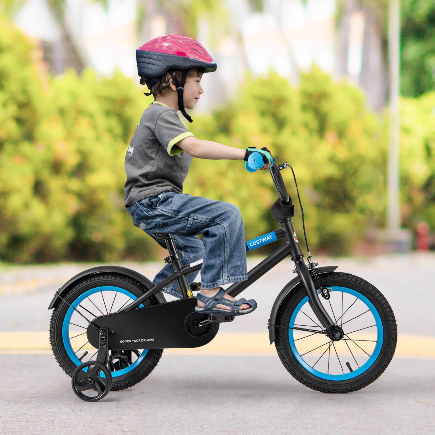 Costway 14" Kids Bike with Adjustable Saddle Handlebar Removable Training Wheels Handbrake