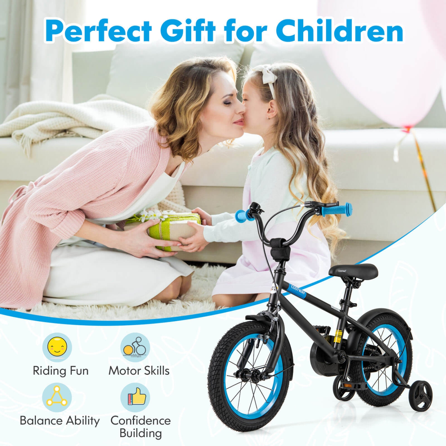 Costway 14" Kids Bike with Adjustable Saddle Handlebar Removable Training Wheels Handbrake