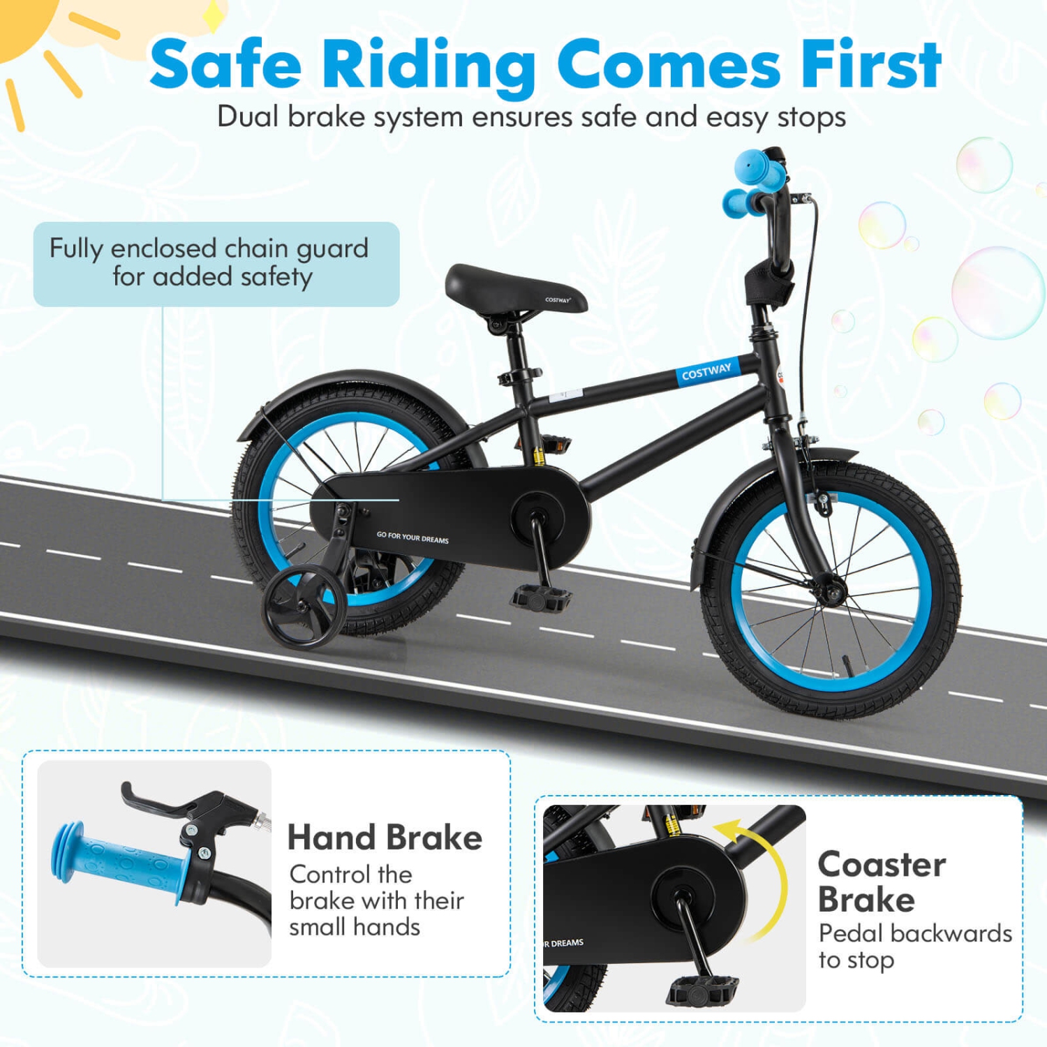 Costway 14" Kids Bike with Adjustable Saddle Handlebar Removable Training Wheels Handbrake