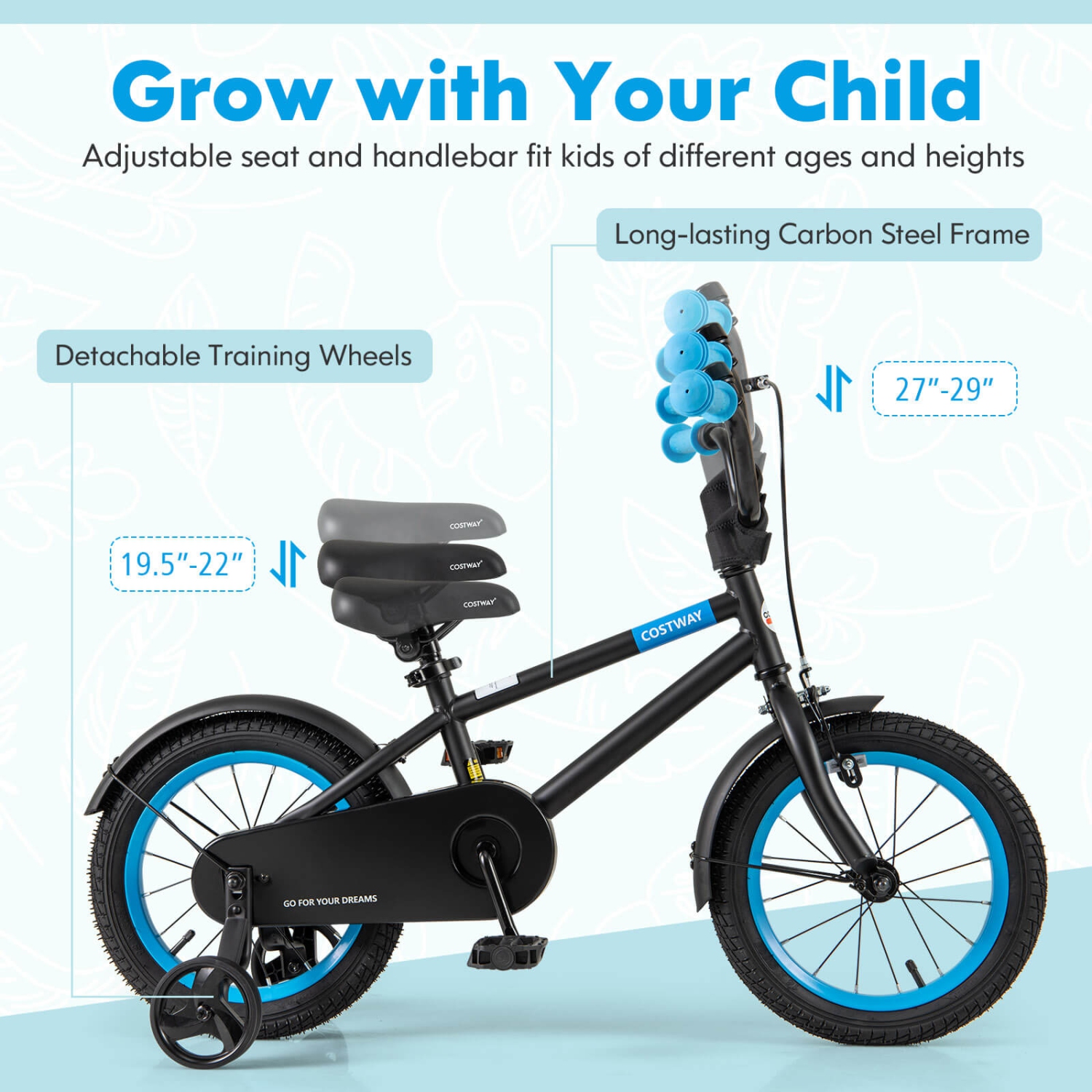 Costway 14" Kids Bike with Adjustable Saddle Handlebar Removable Training Wheels Handbrake