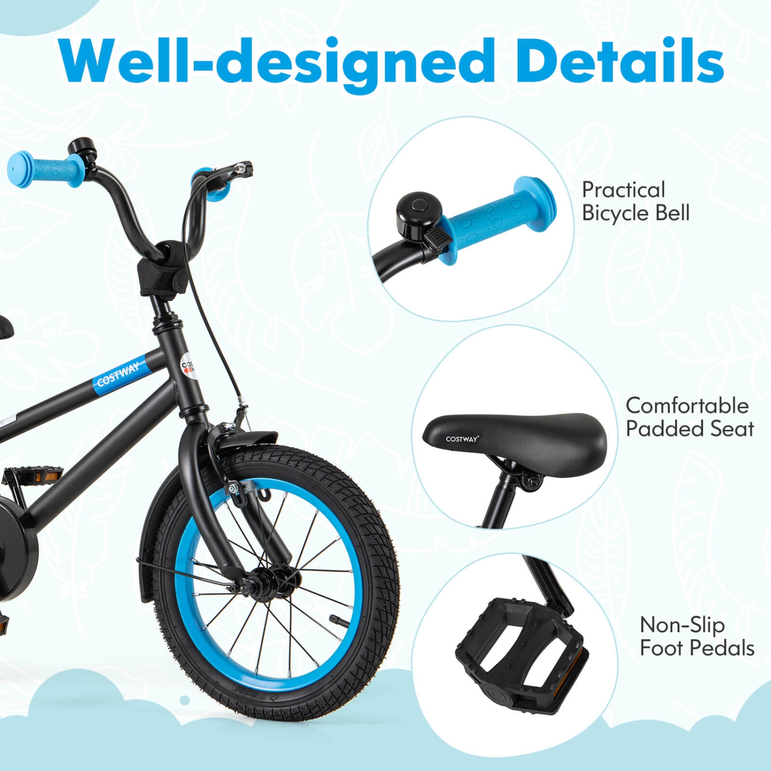 Costway 14" Kids Bike with Adjustable Saddle Handlebar Removable Training Wheels Handbrake