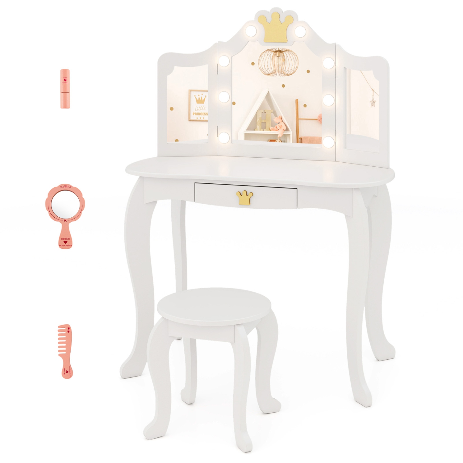 Ensemble coiffeuse princesse avec table et chaise et miroir éclairé de Costway pour enfants