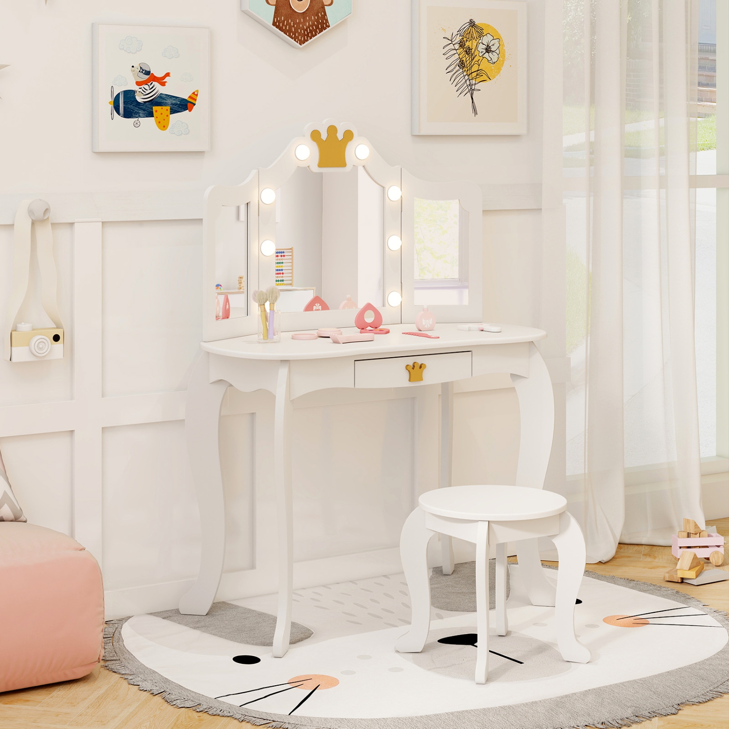 Ensemble coiffeuse princesse avec table et chaise et miroir éclairé de Costway pour enfants