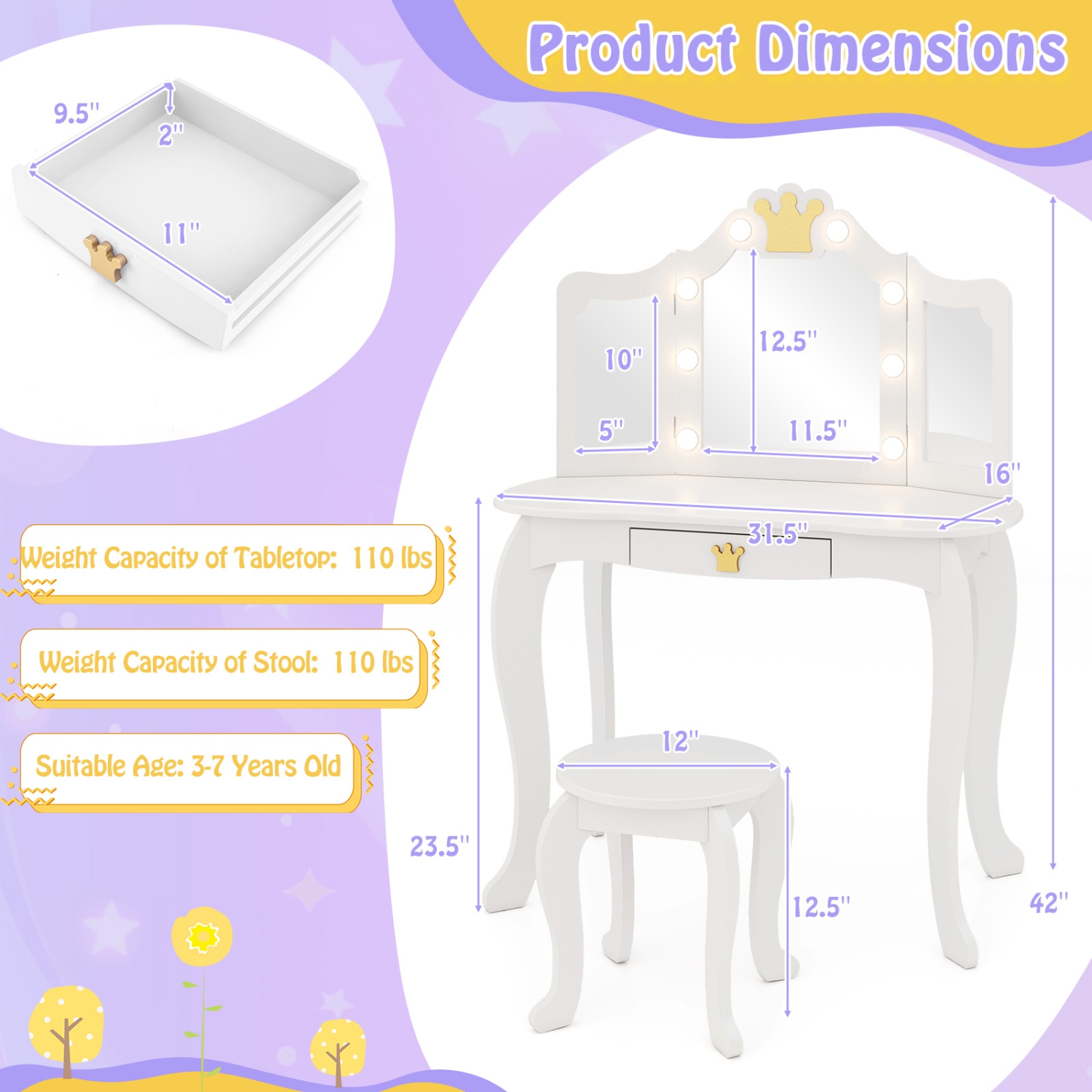 Ensemble coiffeuse princesse avec table et chaise et miroir éclairé de Costway pour enfants