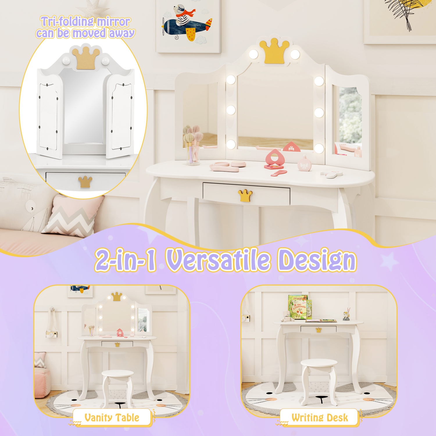 Ensemble coiffeuse princesse avec table et chaise et miroir éclairé de Costway pour enfants