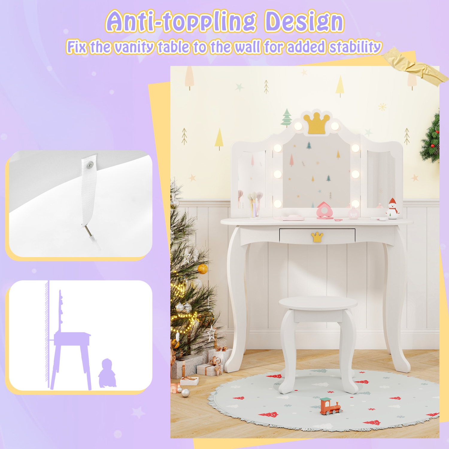 Ensemble coiffeuse princesse avec table et chaise et miroir éclairé de Costway pour enfants