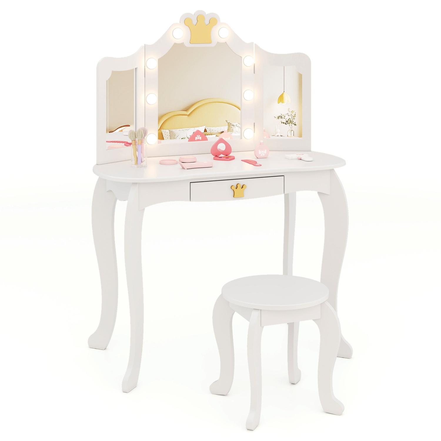 Ensemble coiffeuse princesse avec table et chaise et miroir éclairé de Costway pour enfants