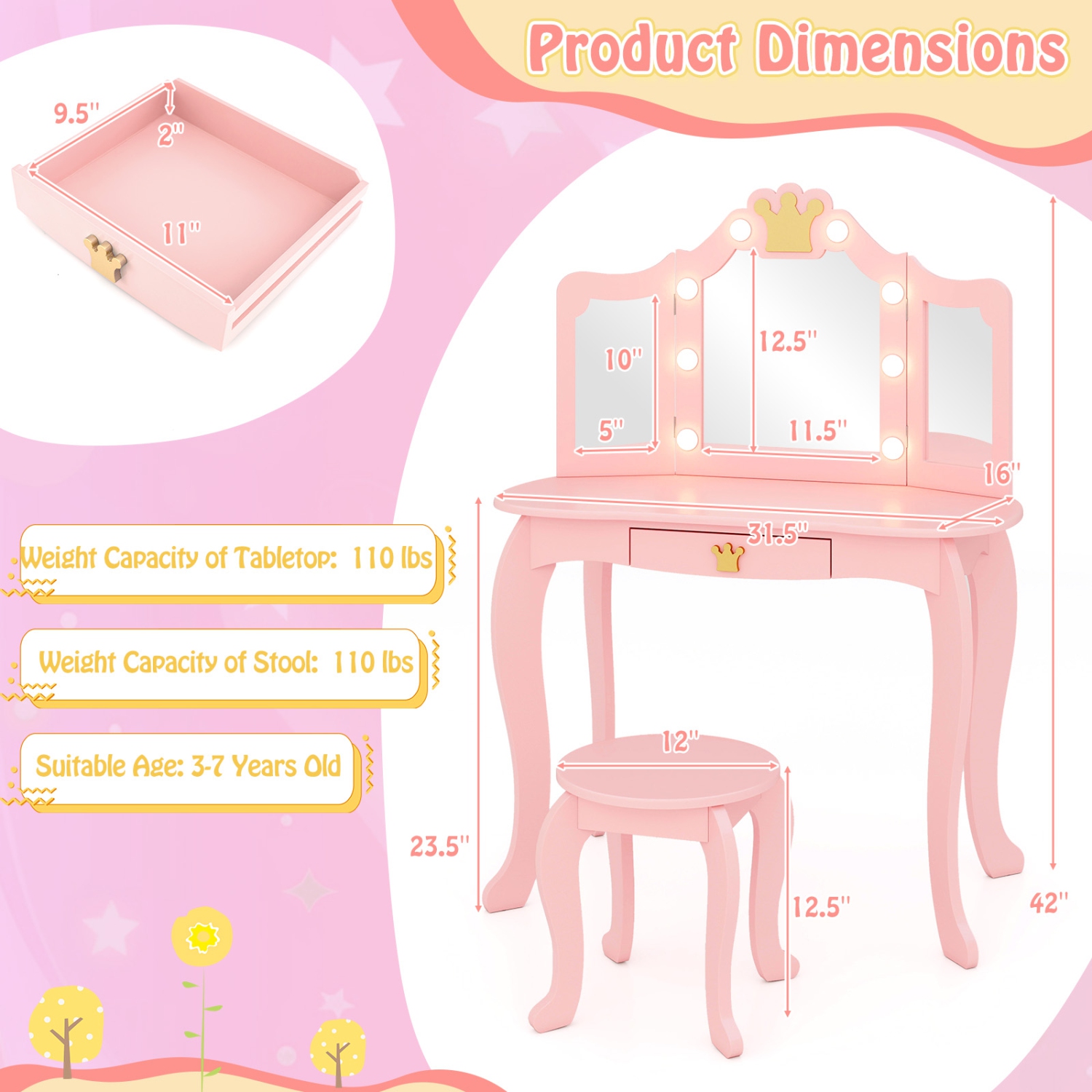 Costway Kids Vanity Set Princess Vanity Table & Chair Set with Lighted Mirror