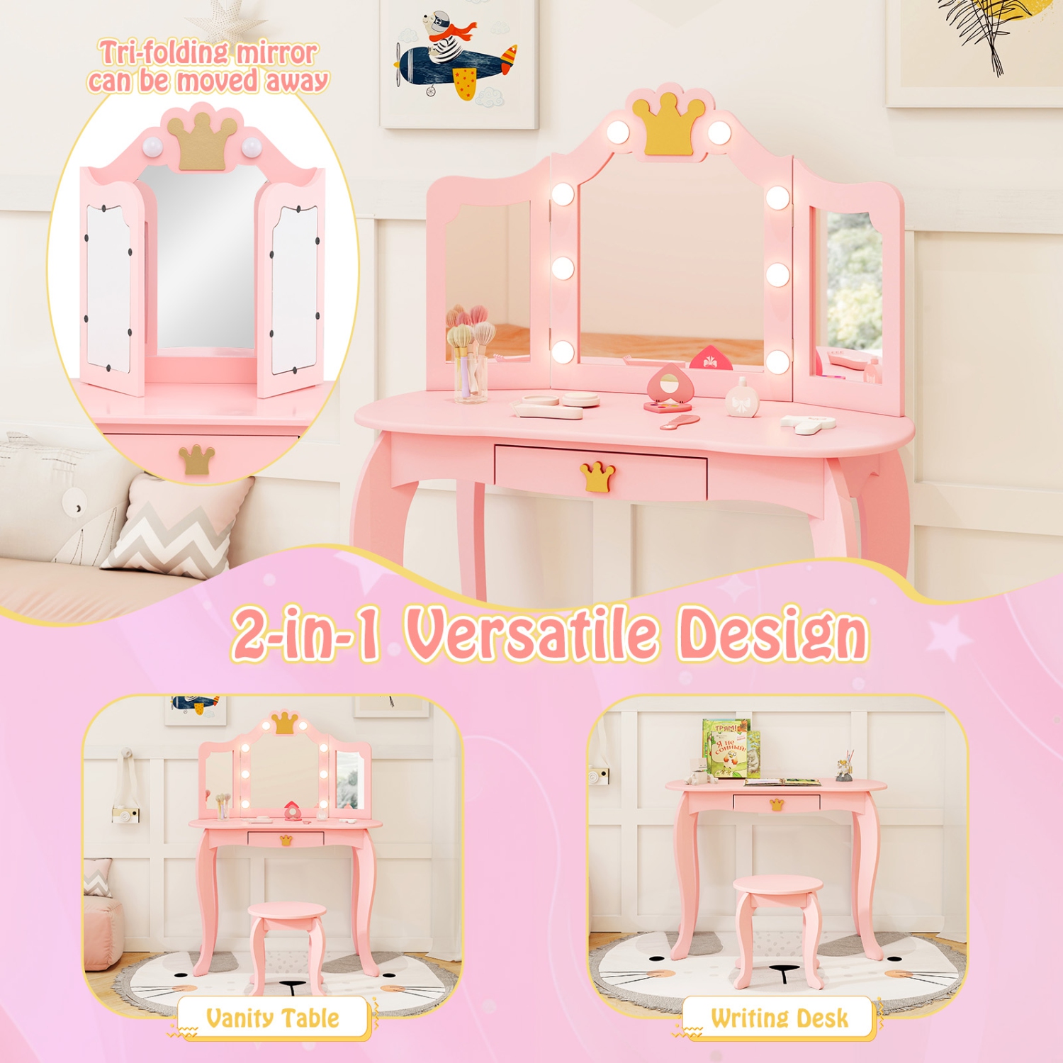 Costway Kids Vanity Set Princess Vanity Table & Chair Set with Lighted Mirror