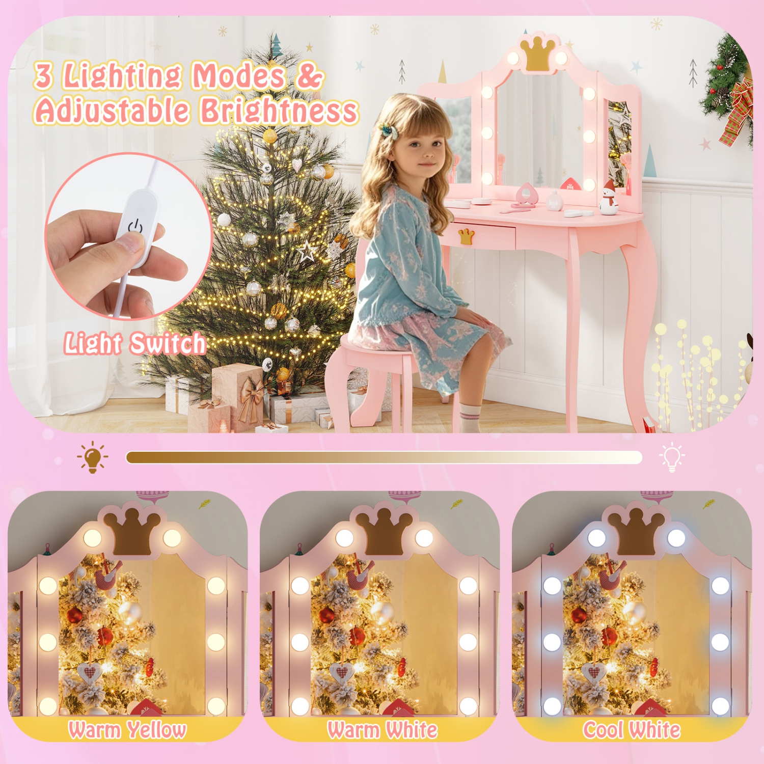 Costway Kids Vanity Set Princess Vanity Table & Chair Set with Lighted Mirror