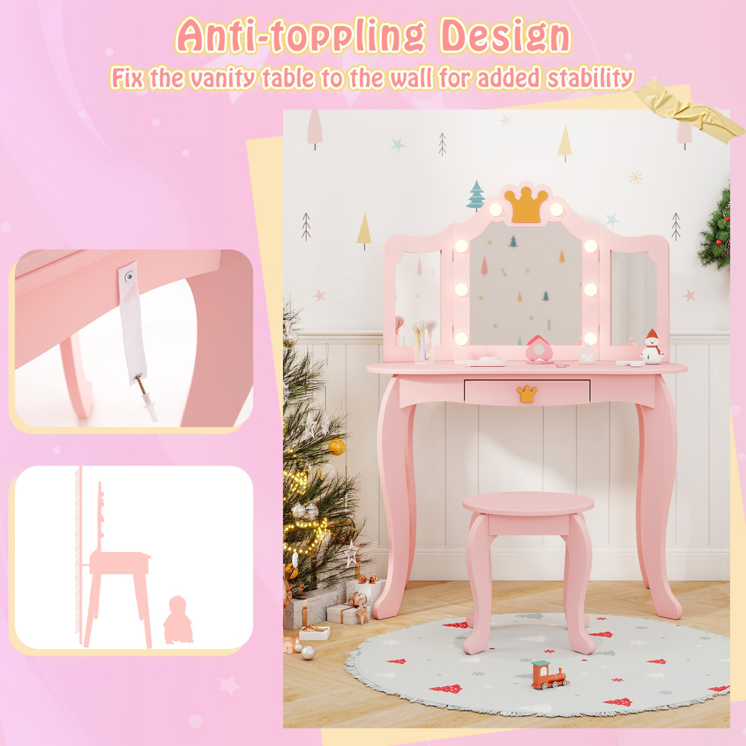 Costway Kids Vanity Set Princess Vanity Table & Chair Set with Lighted Mirror