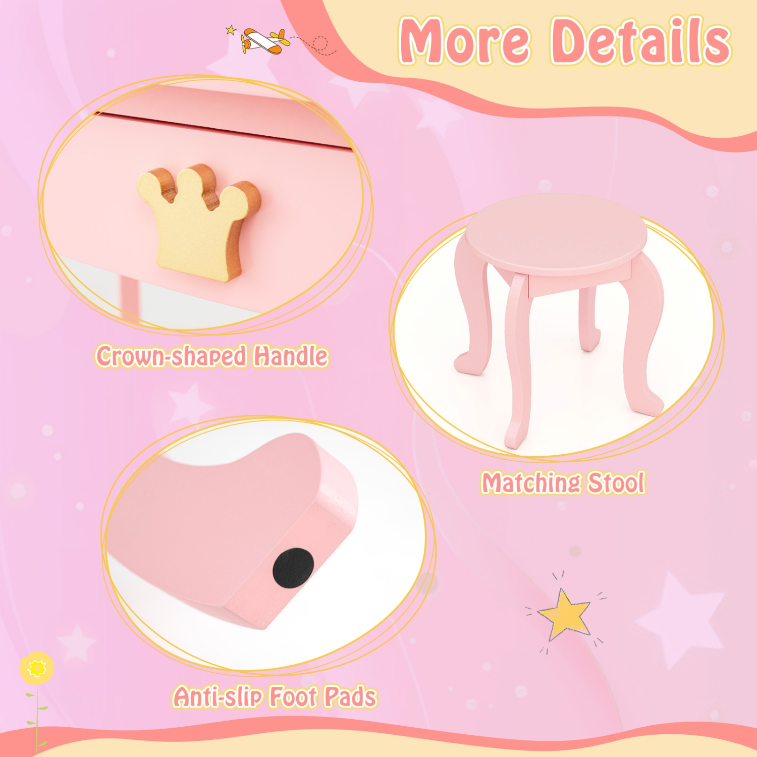 Costway Kids Vanity Set Princess Vanity Table & Chair Set with Lighted Mirror