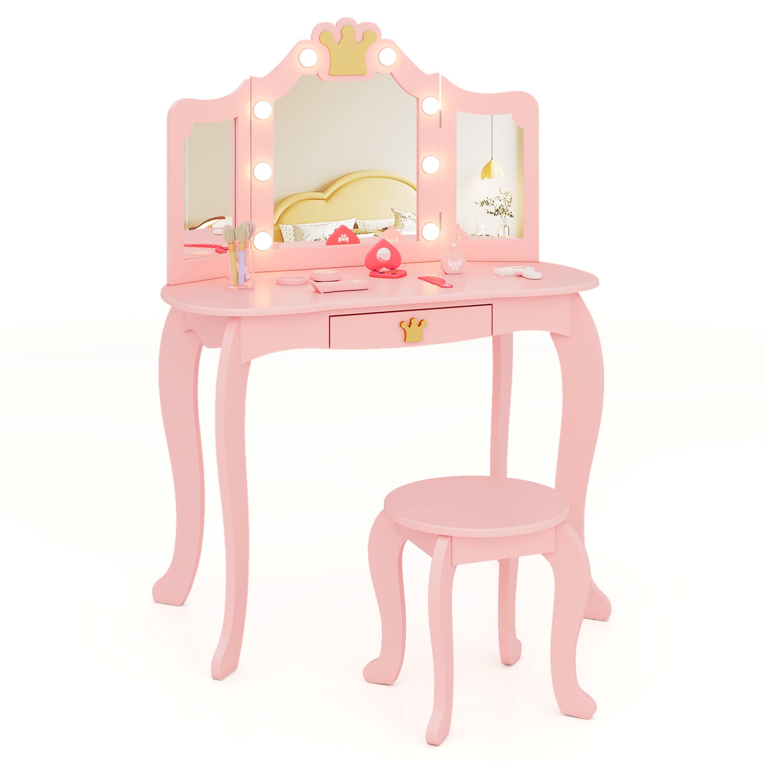 Costway Kids Vanity Set Princess Vanity Table & Chair Set with Lighted Mirror