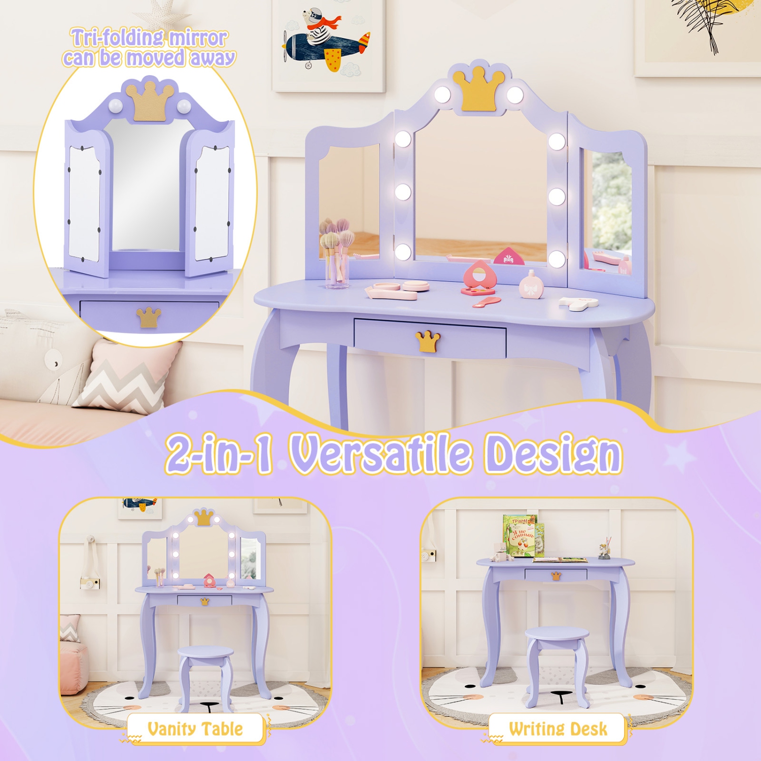 Ensemble coiffeuse princesse avec table et chaise et miroir éclairé de Costway pour enfants