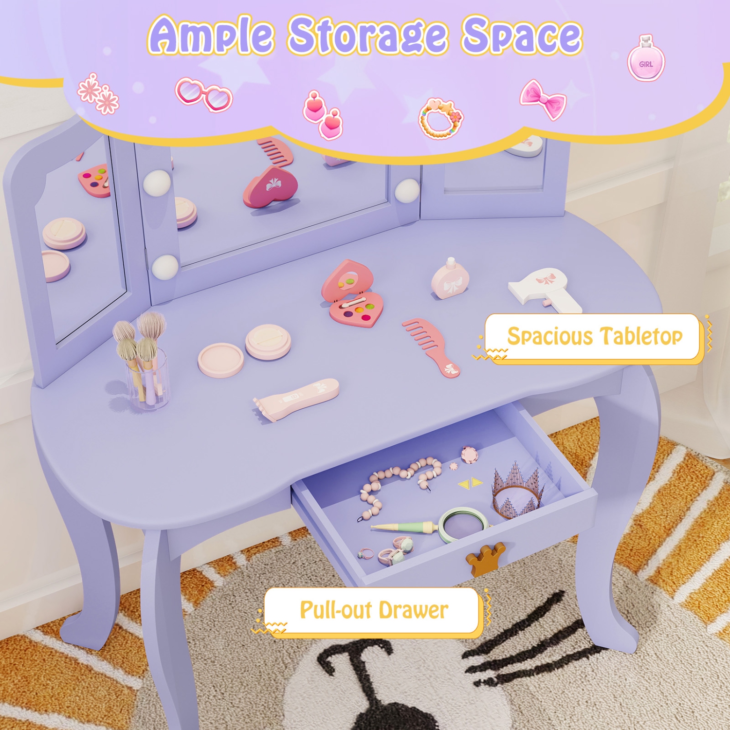 Ensemble coiffeuse princesse avec table et chaise et miroir éclairé de Costway pour enfants