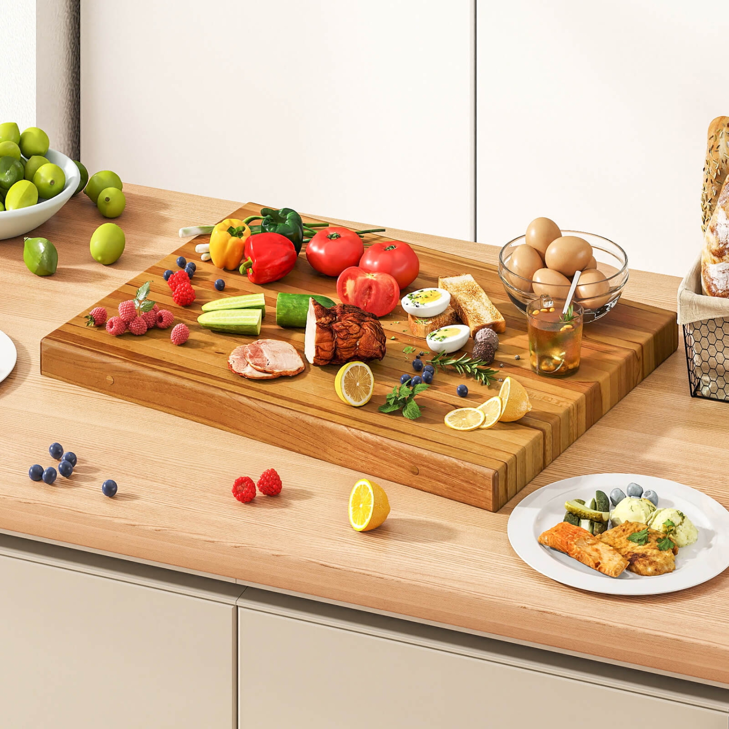 Costway Teak Wood Cutting Board Extra Large 24" Reversible Cutting Board with Handle