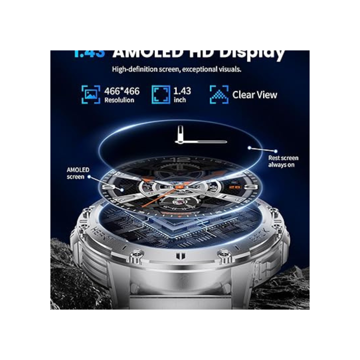 LIGE Military Smart Watch with Bluetooth Call,1.43" HD AMOLED Fitness Tracker with IP68 Waterproof 100+Sports Modes for Android iOS, 530mAh