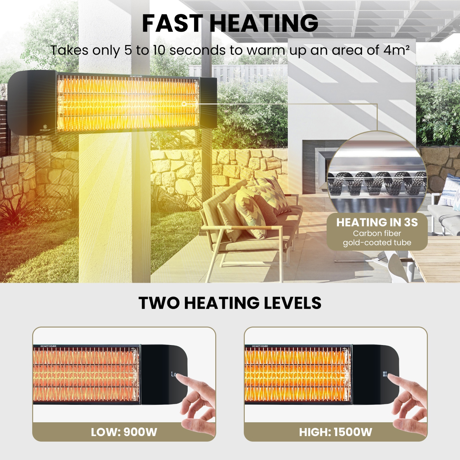 Radiateur de patio électrique à infrarouge ZeboZap KDHT1500 avec courroie à poteau | Chaufferette extérieure murale pour abri de jardin,