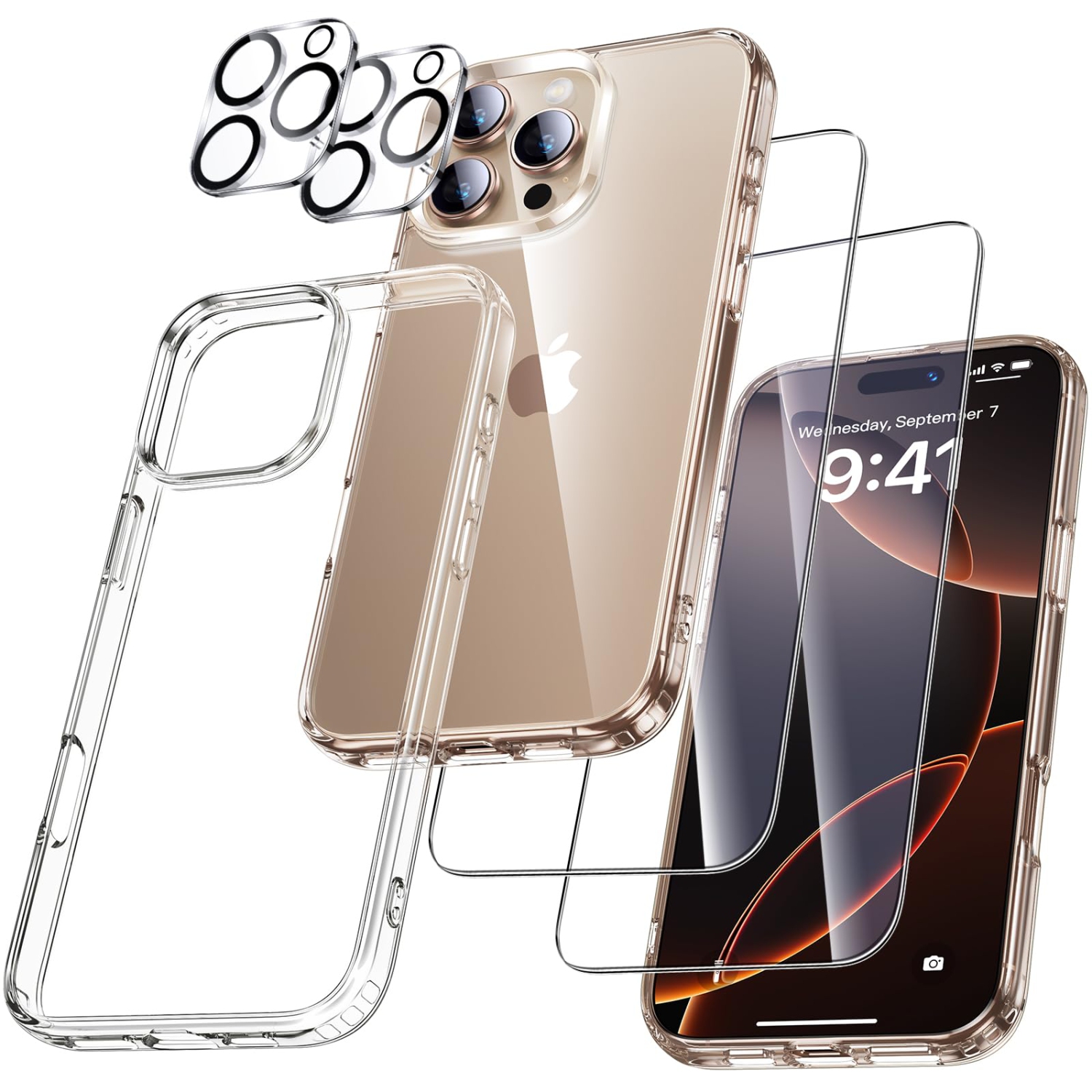 Étui pour iPhone 16 Pro Max ne jaunit pas avec 2 protecteurs d'écran en verre trempé + 2 protecteurs d'objectif de caméra, protection de qualité