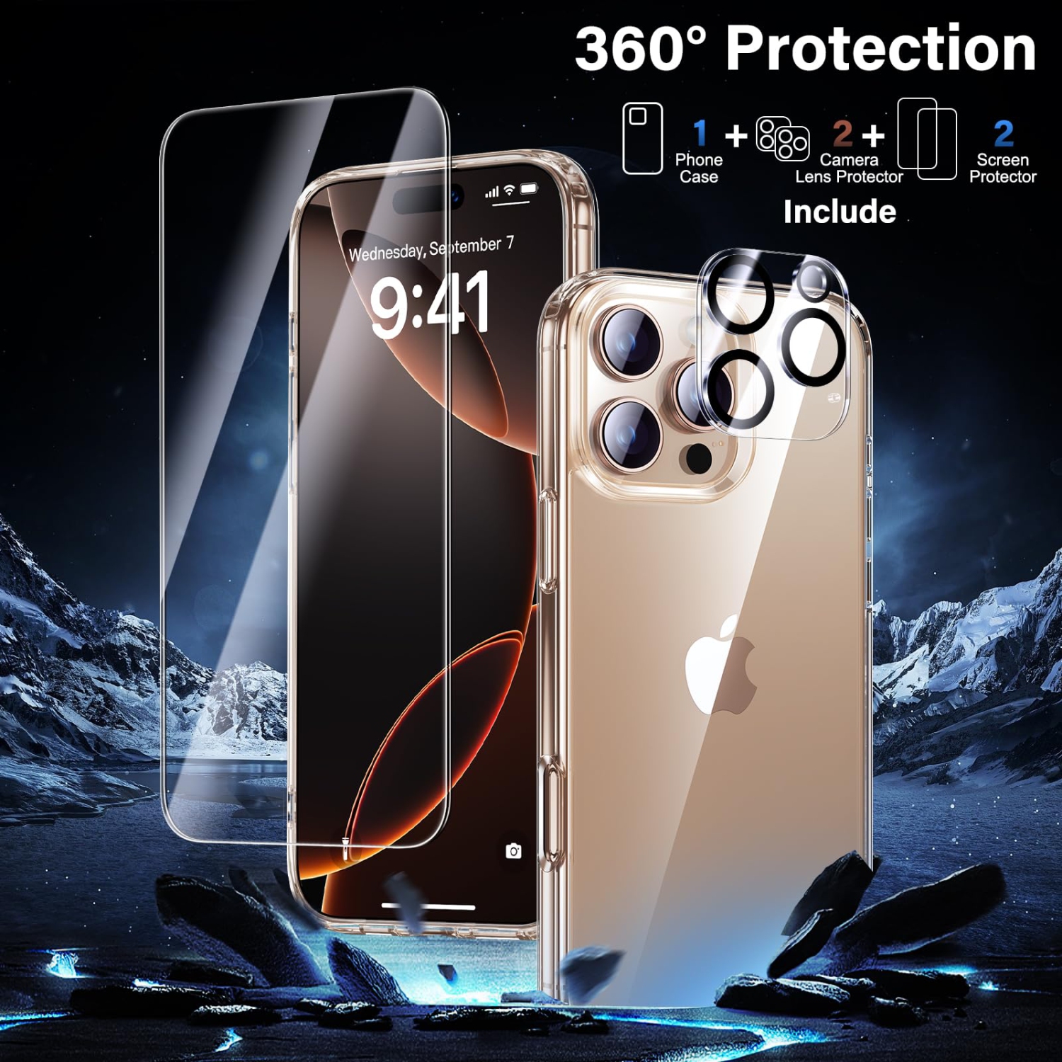 Étui pour iPhone 16 Pro Max ne jaunit pas avec 2 protecteurs d'écran en verre trempé + 2 protecteurs d'objectif de caméra, protection de qualité