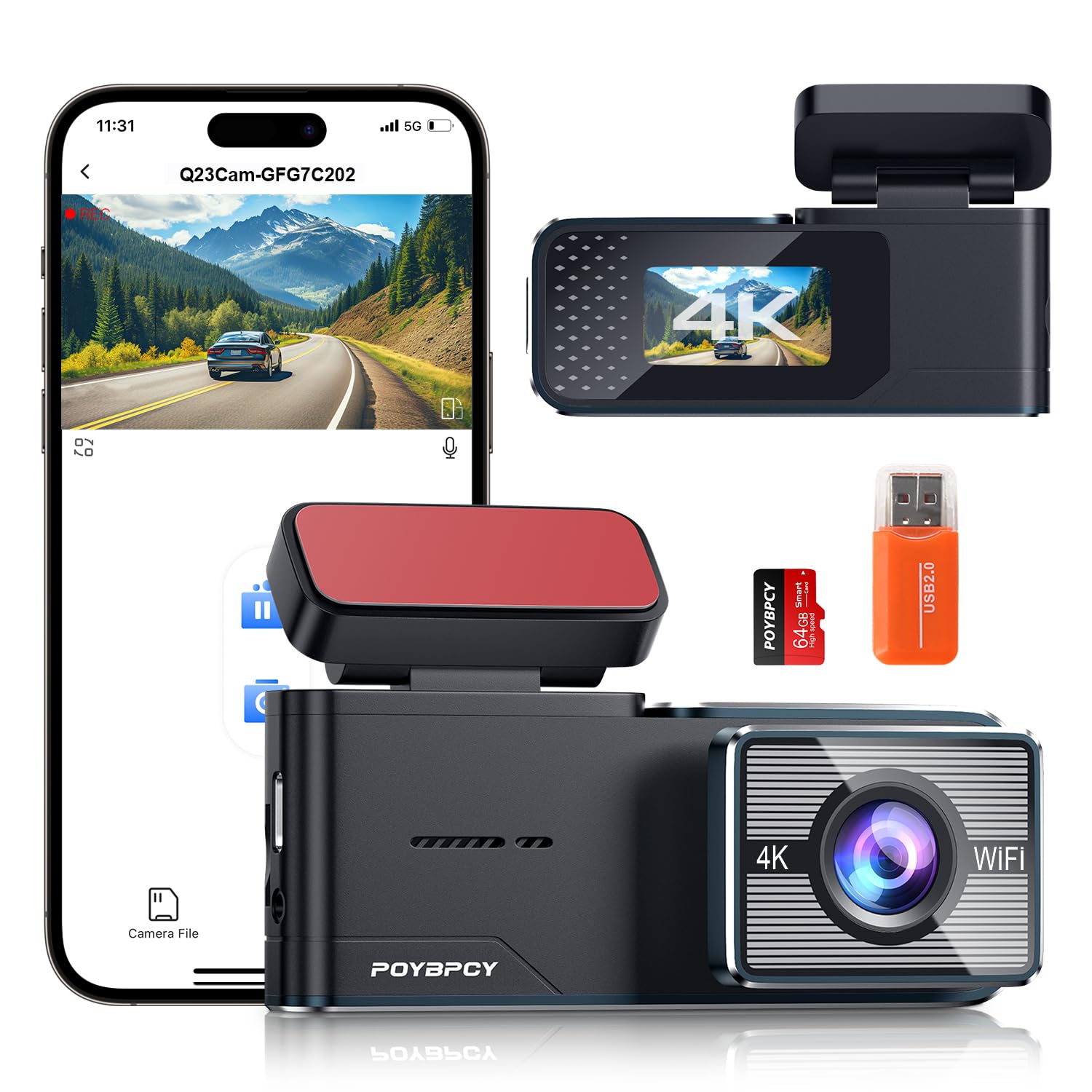 4K Dash Cam Front, WiFi & App Control,Dashcam with 64GB SD Card 2160P Dash Camera for Cars,WDR,Super Night Vision,Parking Mode,G-Sensor,Loop