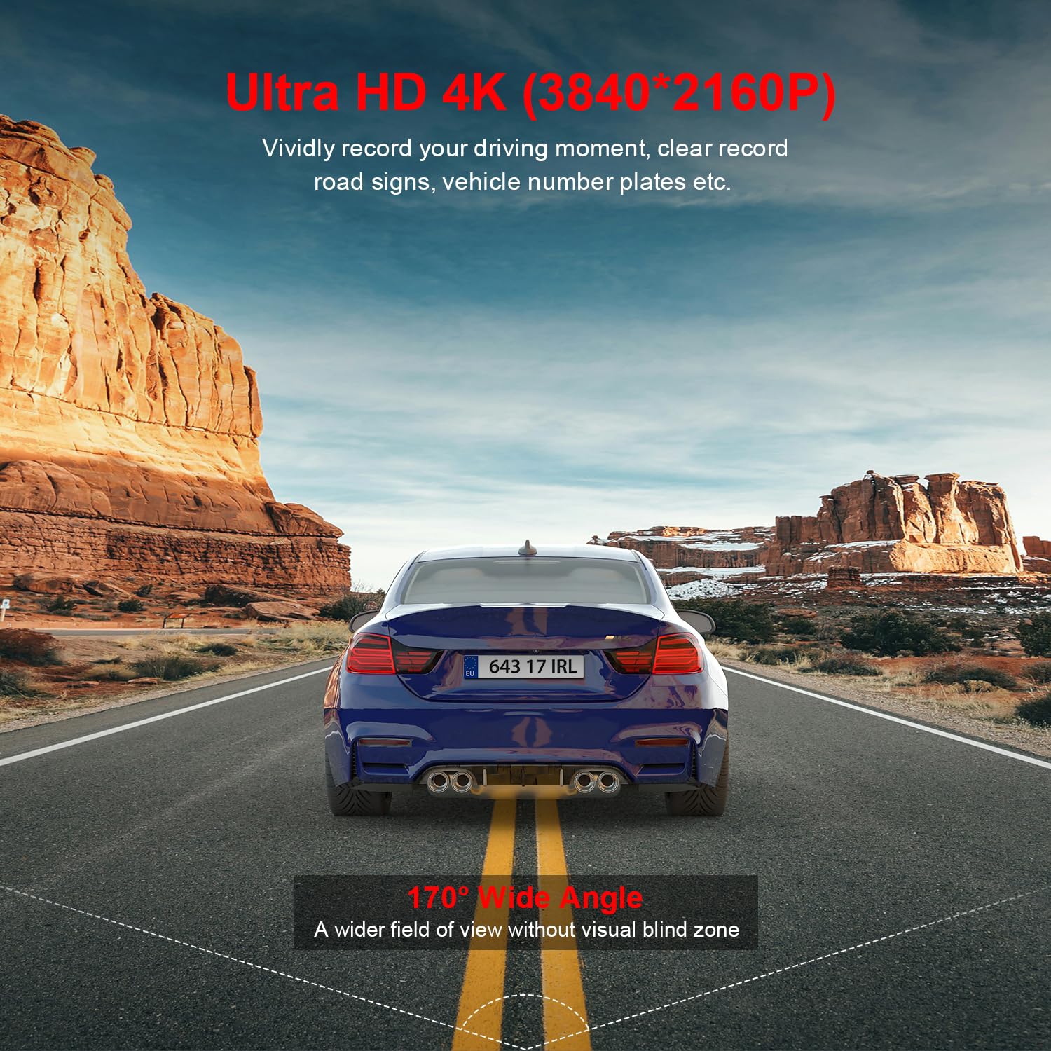 4K Dash Cam Front, WiFi & App Control,Dashcam with 64GB SD Card 2160P Dash Camera for Cars,WDR,Super Night Vision,Parking Mode,G-Sensor,Loop