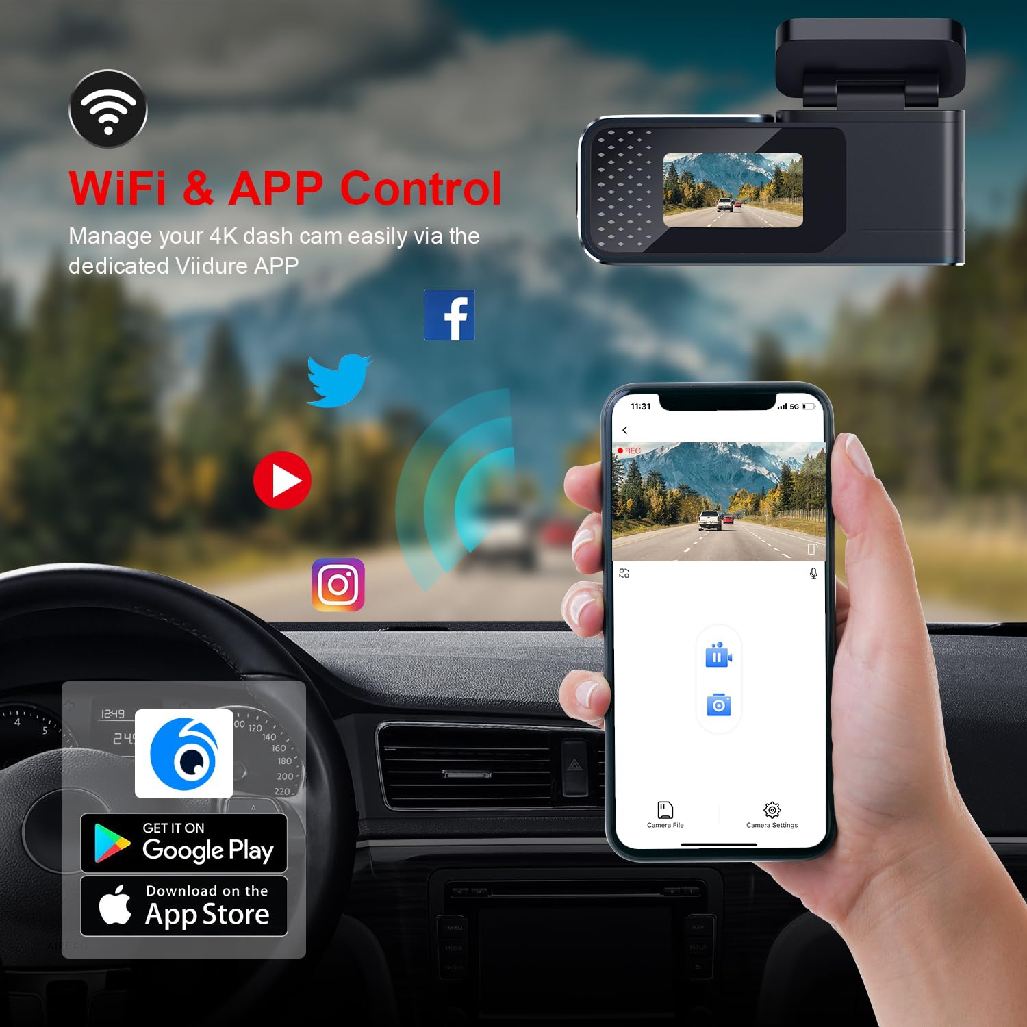 4K Dash Cam Front, WiFi & App Control,Dashcam with 64GB SD Card 2160P Dash Camera for Cars,WDR,Super Night Vision,Parking Mode,G-Sensor,Loop