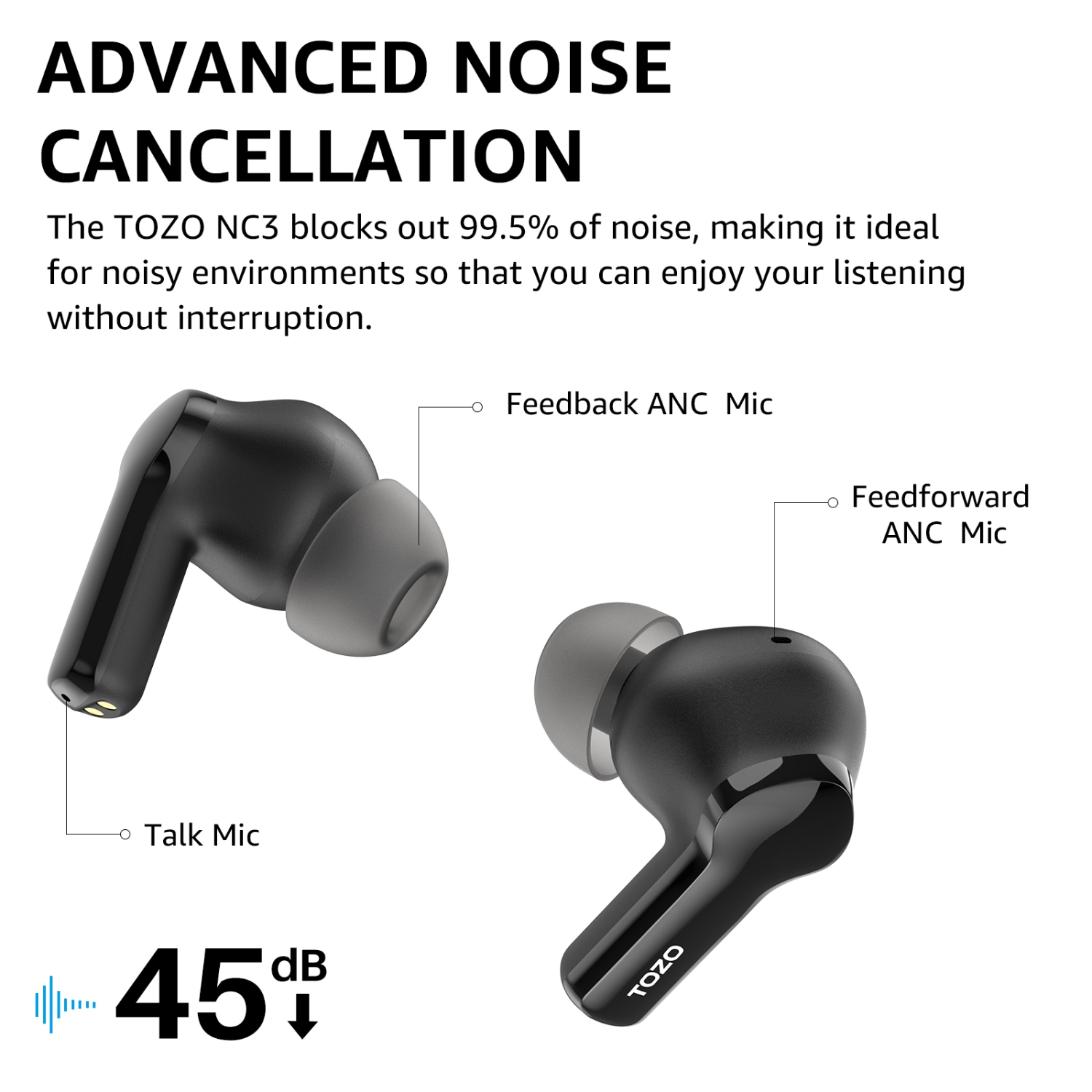 New Arrival TOZO NC3 TWS Earbuds in-ear Bluetooth 5.3 Headset ANC Noise Cancelling LED Digital Power Display-Black