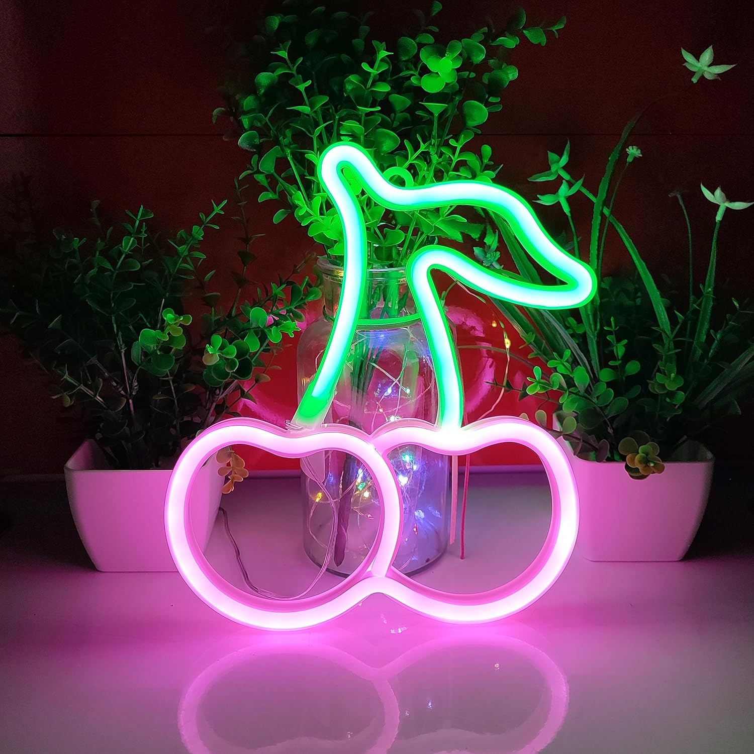 1-pcs Cherry Neon Sign,USB or 3-AA Battery Powered Neon Light,LED Table Decoration,Bedroom Wall Decoration,Birthday Gift,Wedding Supplies Business