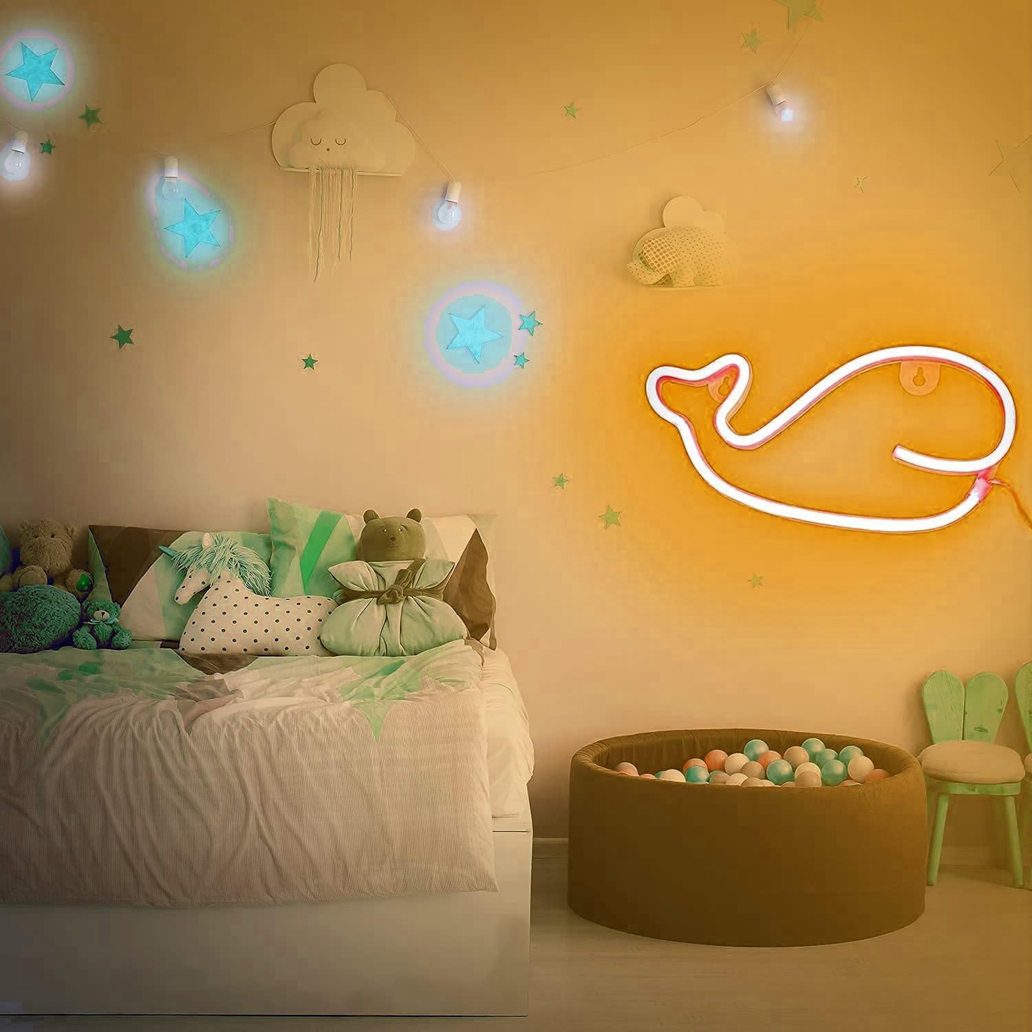 1 panneaux néon baleine, décoration murale néon LED, pour décoration murale Chambre de jeu Chambre de garçon Grand cadeau pour enfant, lampes de nuit